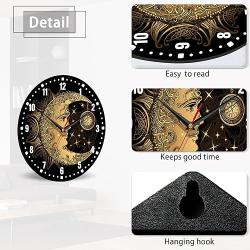 Miniatura 4 de SPUNKER Reloj para dormitorio, reloj de pared bohemio con luna y sol, funciona con pilas, de 10 pulgadas, reloj redondo con mandala dorado,