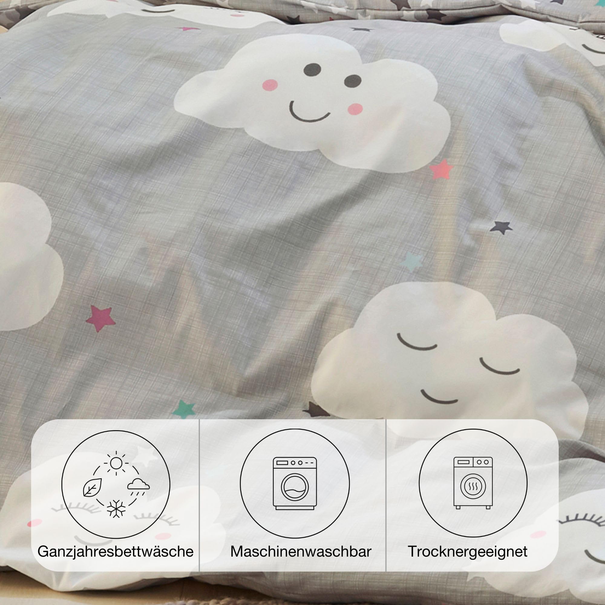 s.Oliver ropa de cama nube y estrellas 135x200 cm - ropa de cama infantil gris 100% algodón, juego de cama compuesto por funda nórdica 135x200cm y funda de almohada 80x80cm, cierre con cremallera