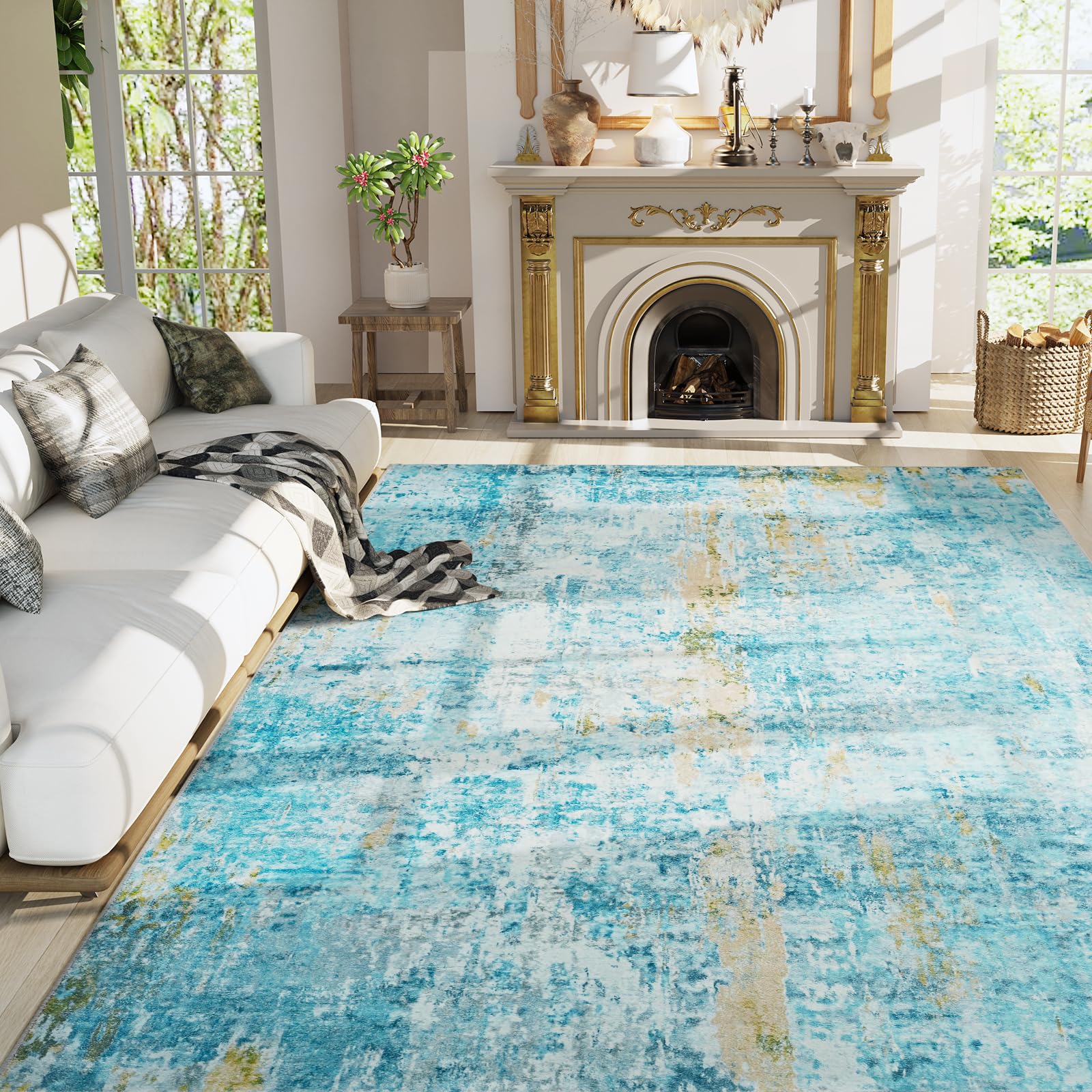 Ompaa Living Room Rug 8x10 Teal Blue Area Rugs Machine Washable Abstract Boho Large Rug Non-Slip Non-Shedding Faux Wool Indoor Vintage Carpet for Bedroom, Classroom, Dining Room, Kids Playroom — image 1