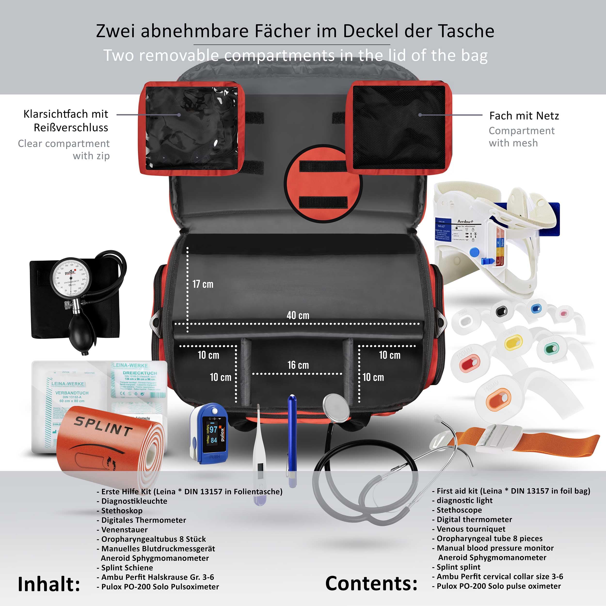 PULOX Notfalltasche mit Befüllung & Pulsoximeter PO-200 Solo Rot | Große professionelle Sanitätstasche aus Nylon, sofort einsatzbereit für Rettungsdienst, Praxis und Notfallversorgung
