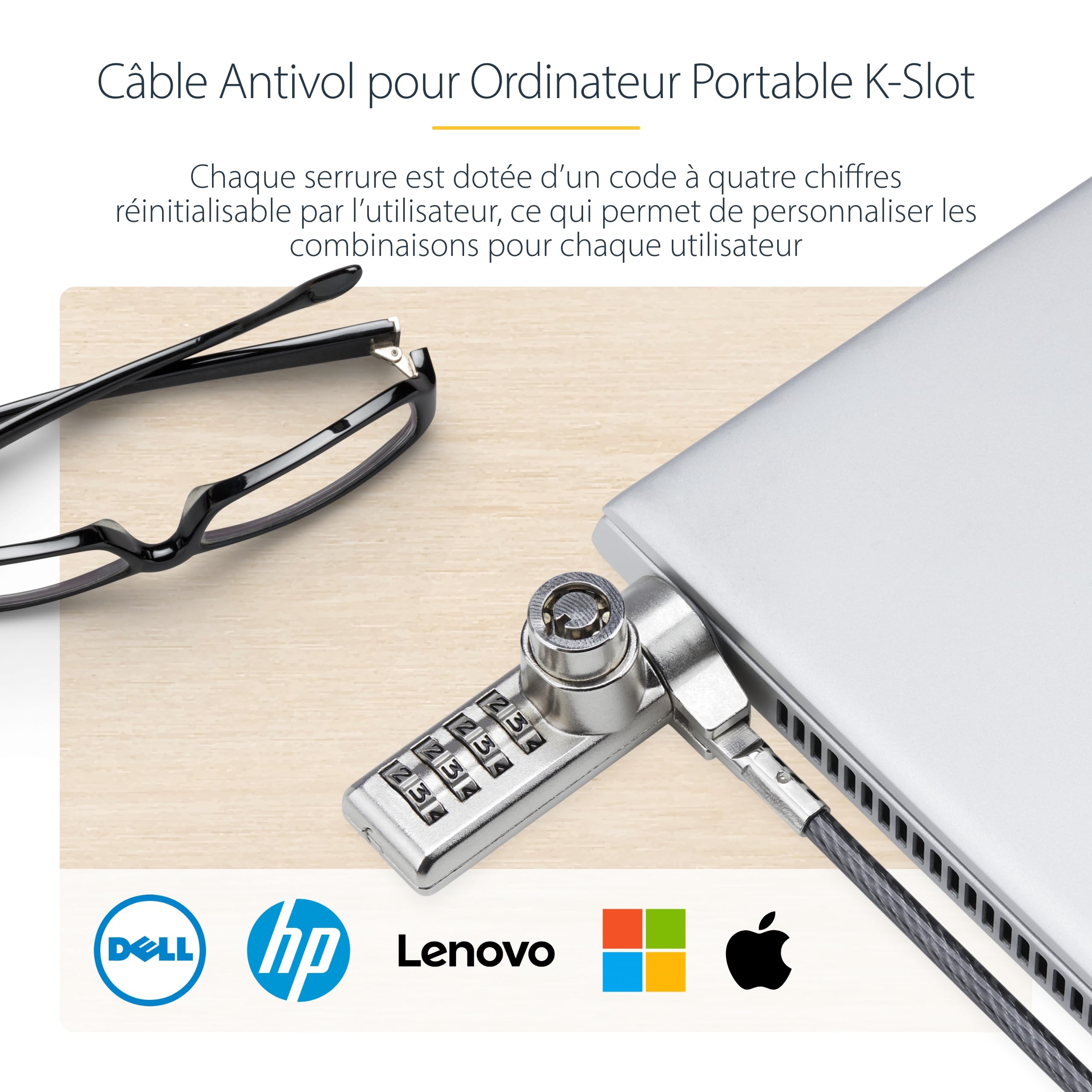 StarTech Antivol à Double Accès pour PC, 2m, K-Slot, Lot de 10 | Clé/combinaison, Clés identiques pour admin IT, Acier gainé vinyle anti-coupure, Testé à 200, 4kg