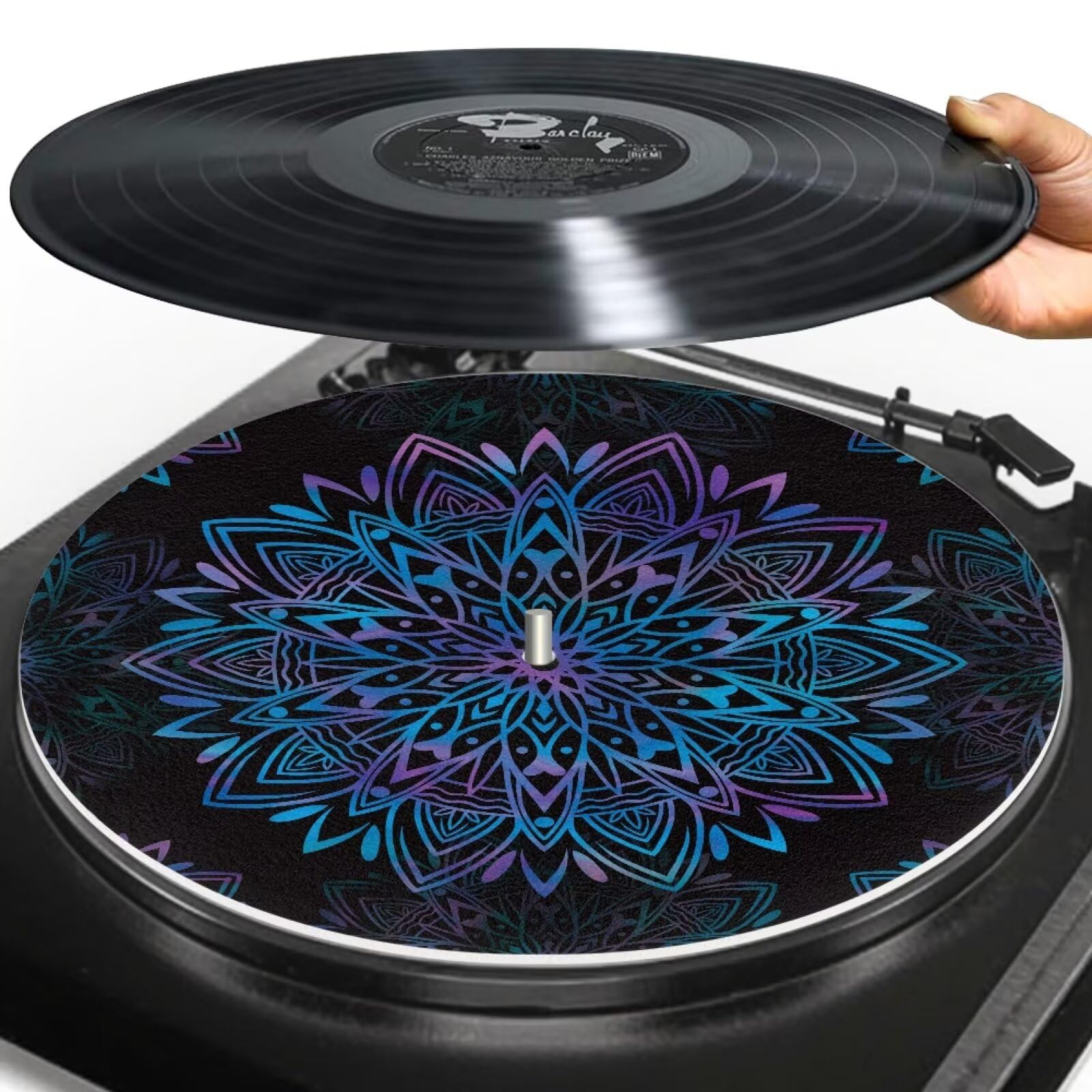 Tappetino per giradischi mandala, motivo fiore di loto, antistatico e antivibrazione, 30,5 cm, in feltro, supporto sonoro, antistatico, in vinile, accessori