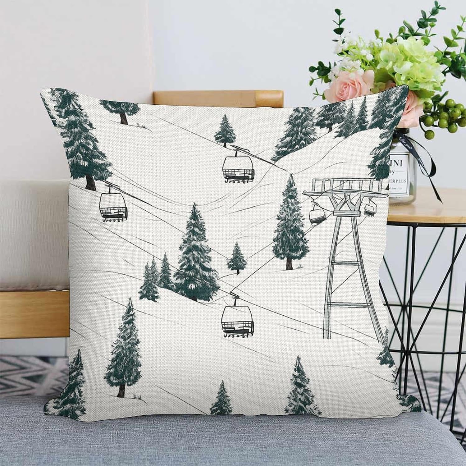 Ski Lift with Fir Tree Pillow Protectors Cute Waterproof Pillow Cover Soft Skin-Friendly Cushion Case Decorative Square Cushion Cover for Couch Sofa Bed Living Room Bedroom