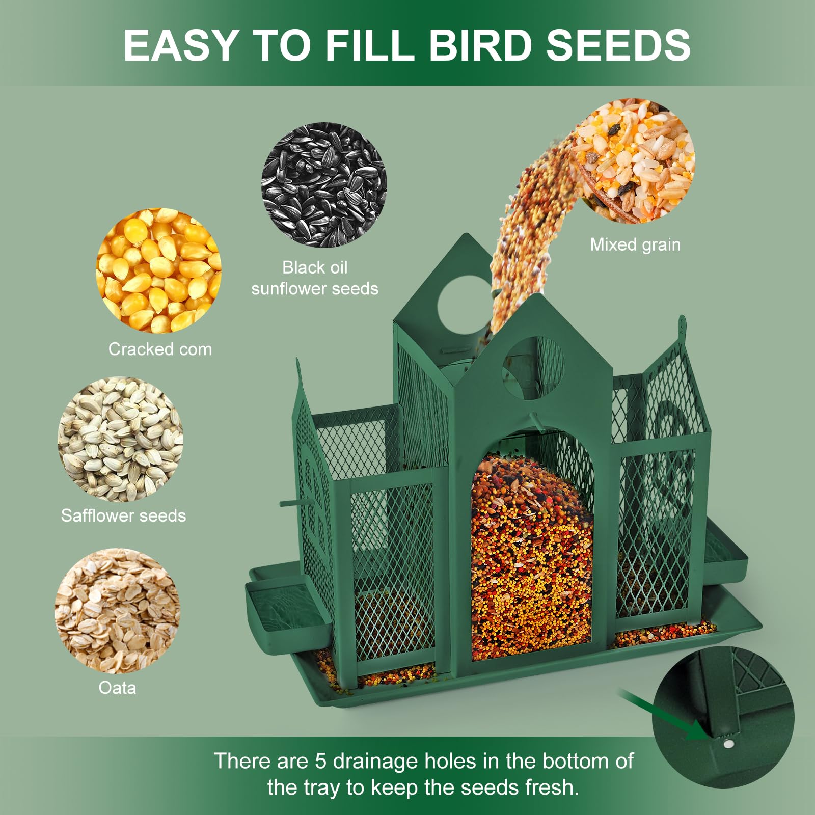 Comedero solar para pájaros para colgar en el exterior, comedero de pájaros de gran capacidad para colgar al aire libre, comedero de malla de metal para pinzón cardenal (verde y negro)
