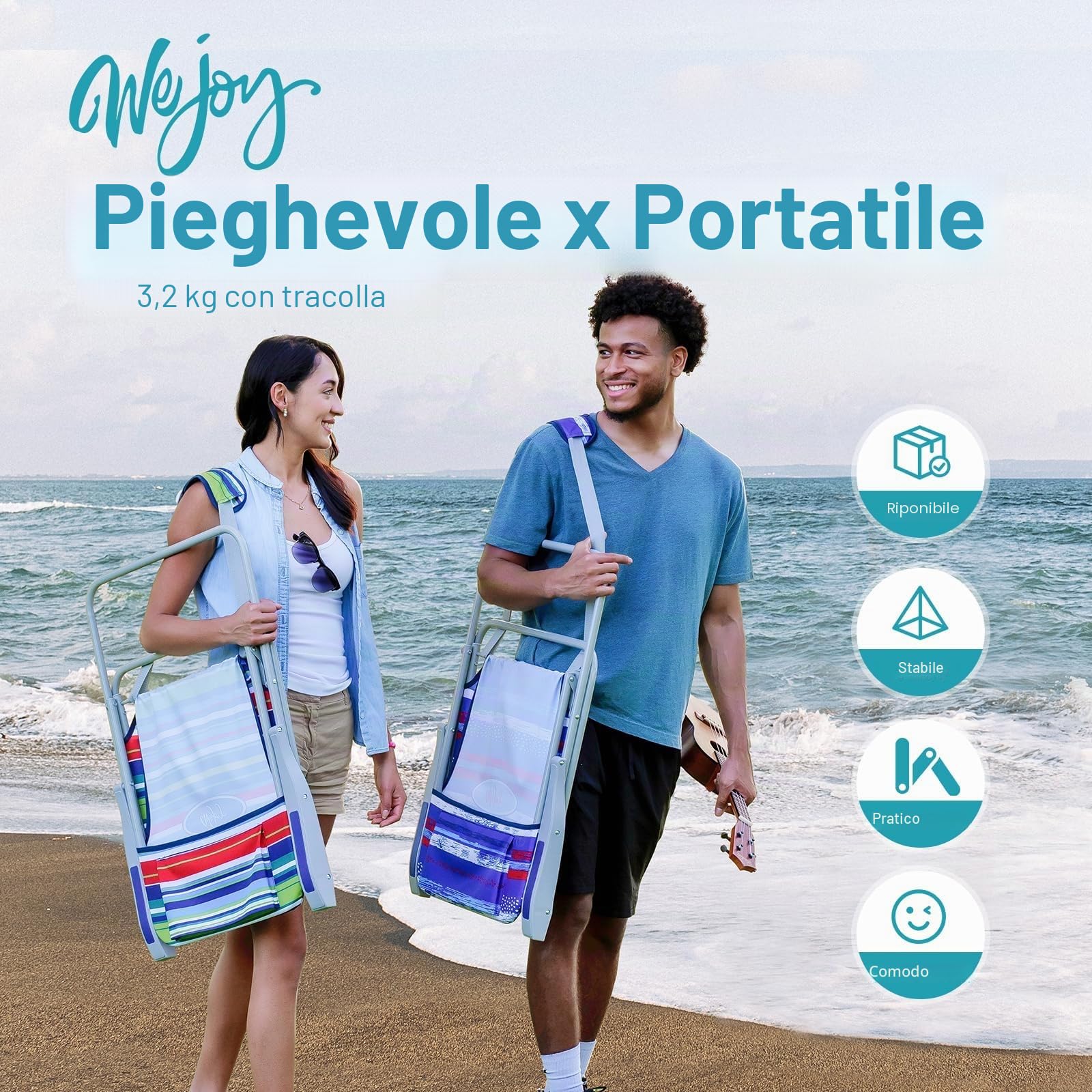 #WEJOY Sedia da Spiaggia Pieghevole, Sedia da Mare Leggera con Schienale Alto Portatile con Tracolla, Spiaggina Mare Sedia da Campeggio Esterno Giardino Picnic Piscina, 1/2 Pezzi