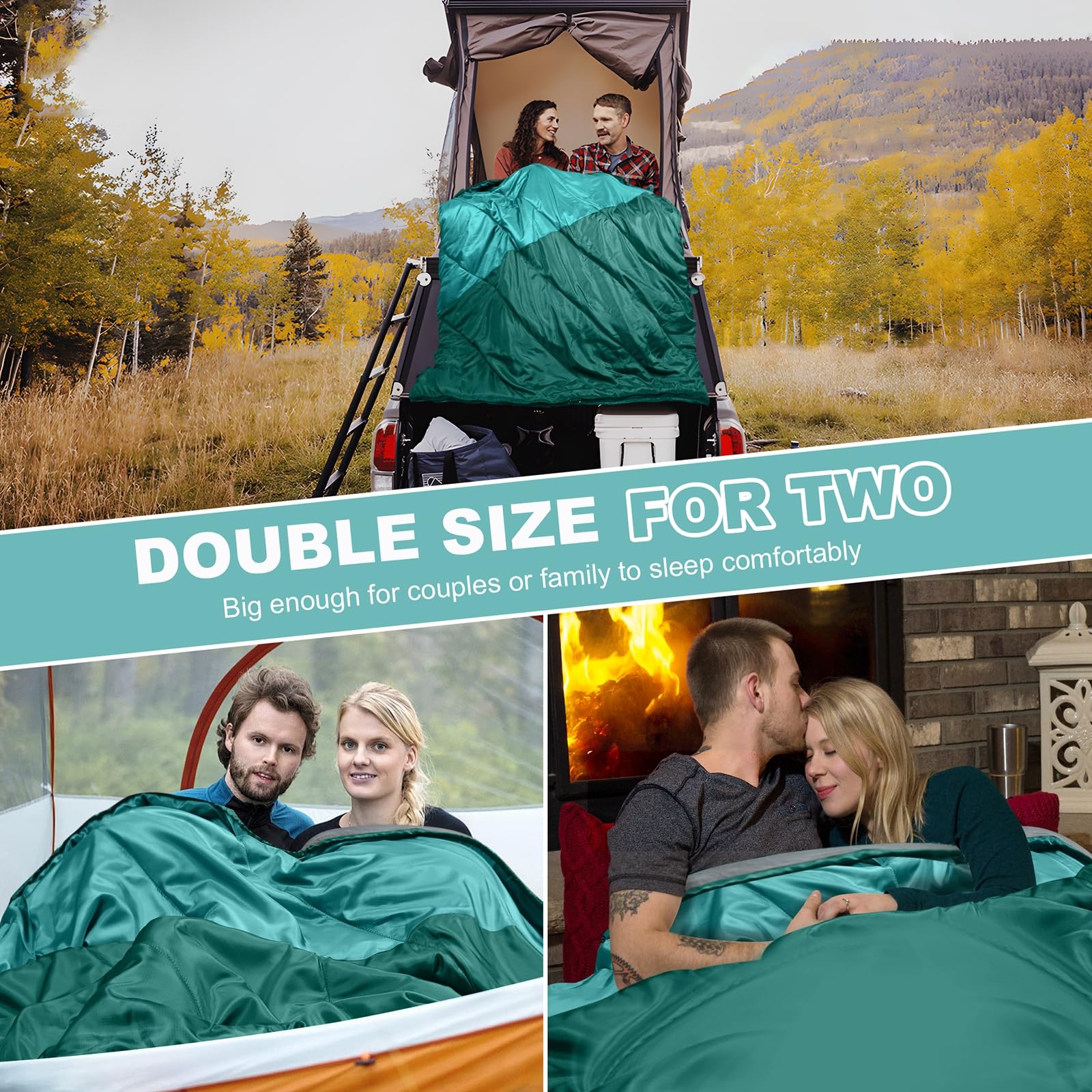 Saco de dormir doble, saco de dormir para 2 personas, tamaño Queen, para adultos, parejas, familia, camping, mochileros, XL, impermeable, ligero, para clima frío y cálido (azul lago)