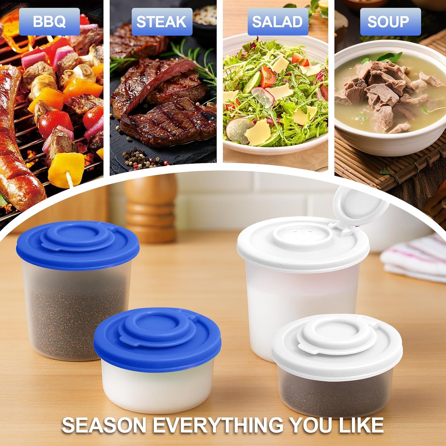 4 PCS Salt and Pepper Shakers Set, 2 Medium (3oz) & 2 Mini (1.36oz) Plastic Shakers with Lids, Leak Proof Seasoning Dispensers for Kitchen, Dining, Travel, and Camping (Deep Blue+White) image 5