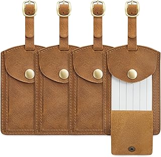 S-ZONE Leather Luggage Tags for Suitcases TSA Approved Adjustable ID Label Baggage Tags Genuine Tracker for Backpack Travel Bag (Light Brown)