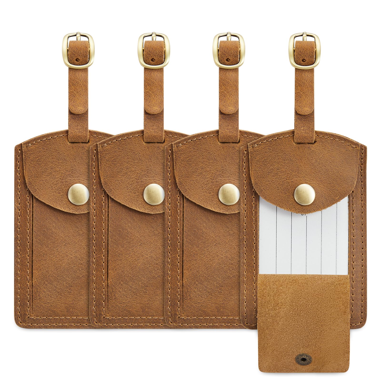 S-ZONE Leather Luggage Tags for Suitcases TSA Approved Adjustable ID Label Baggage Tags Genuine Tracker for Backpack Travel Bag (Light Brown)