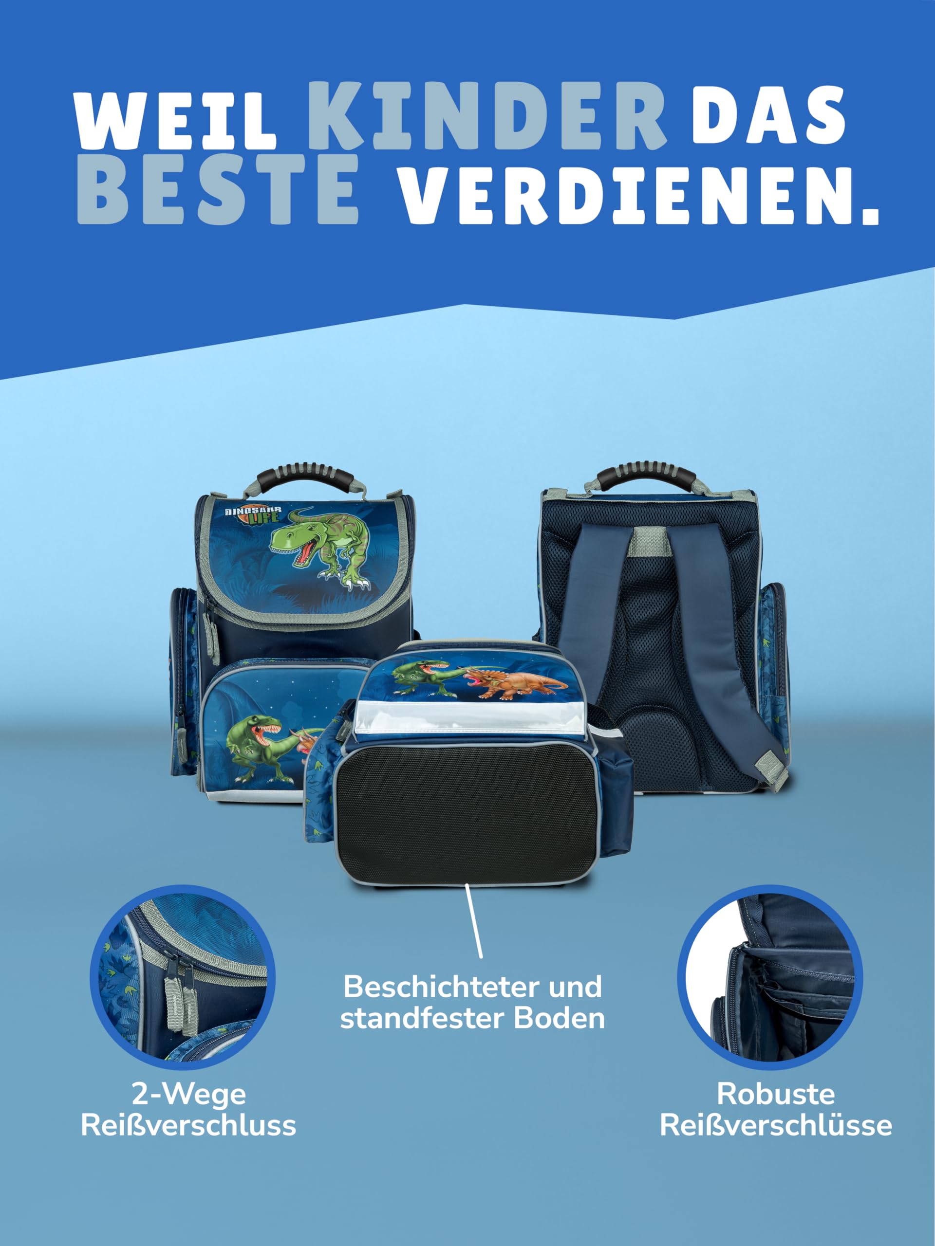 Familando - Schulranzen Set CLOU - 10-teilig mit Schultüte - Dinosaurier - Ergonomisch, Stabil & mit gepolstertem Rücken - 930g leicht - 15L Volumen - Mit Reflektoren - Für Grundschule ab 1. Klasse