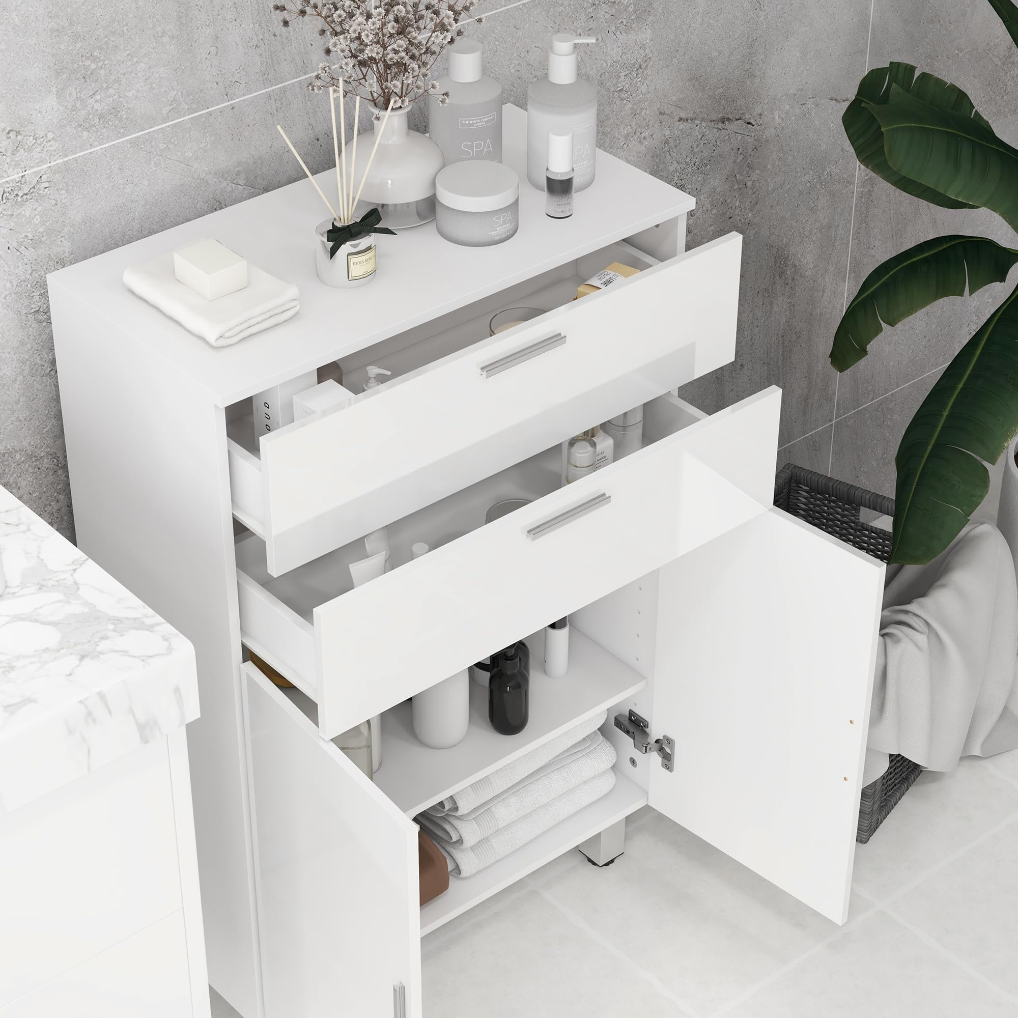 kleankin Mueble Auxiliar Baño Moderno Mueble de Baño con Estantes Ajustables y 2 Cajones Armario Mueble de Almacenaje para Dormitorio Salón Antivuelco Blanco Brillo Carga 35 kg 60x30x93 cm