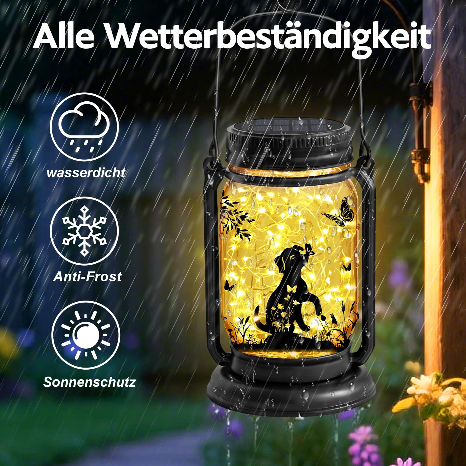 YJFWAL Hund Solar Outdoor Laternen wasserdicht, Hund für Frauen Mutter Weihnachten, 3-in-1 Maurer Glas hängende Laternen mit Stake, Garten Dekor Lichter für Patio Hof Veranda Rasen Balkon