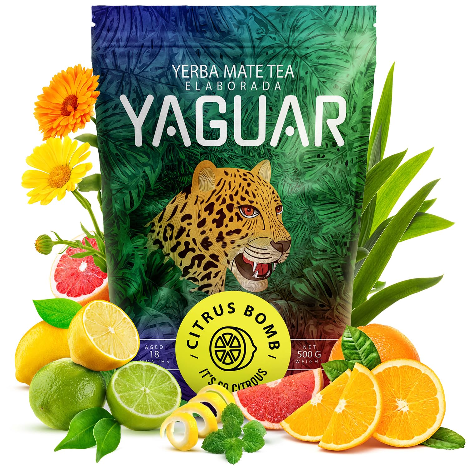 YAGUARYerba Mate Tea Citrus Bomb 0,5kg | Brazilian Yerba Mate 500g | Fruit Citrus Yerba Mate | Smoke Dried | Lemon | Orange | Lime | Natural Energy Drink | Herbal Tea | Loose Leaf Tea | Fruit Tea