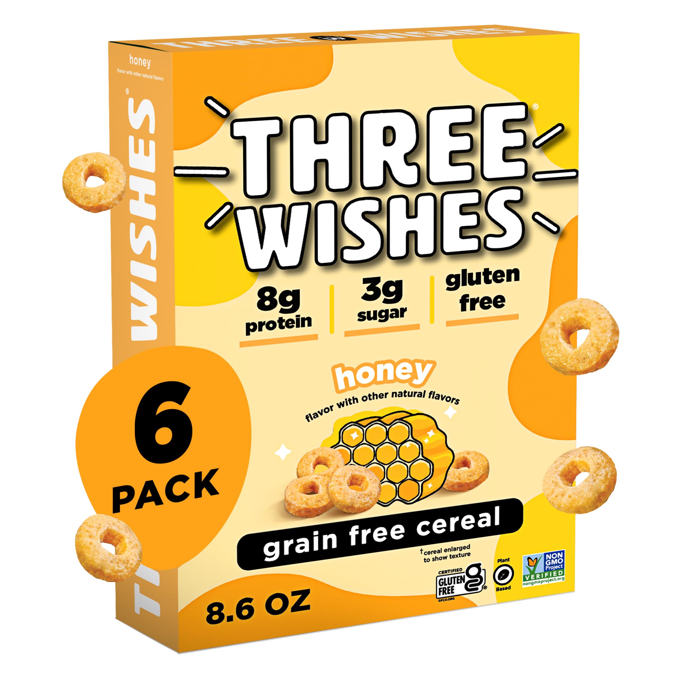 Three Wishes Grain-Free & Protein Cereal - Healthy, Low Sugar & Gluten-Free Breakfast Cereal - Low Carb, Plant-Based, Vegan & Non-GMO - Honey, 6-Pack