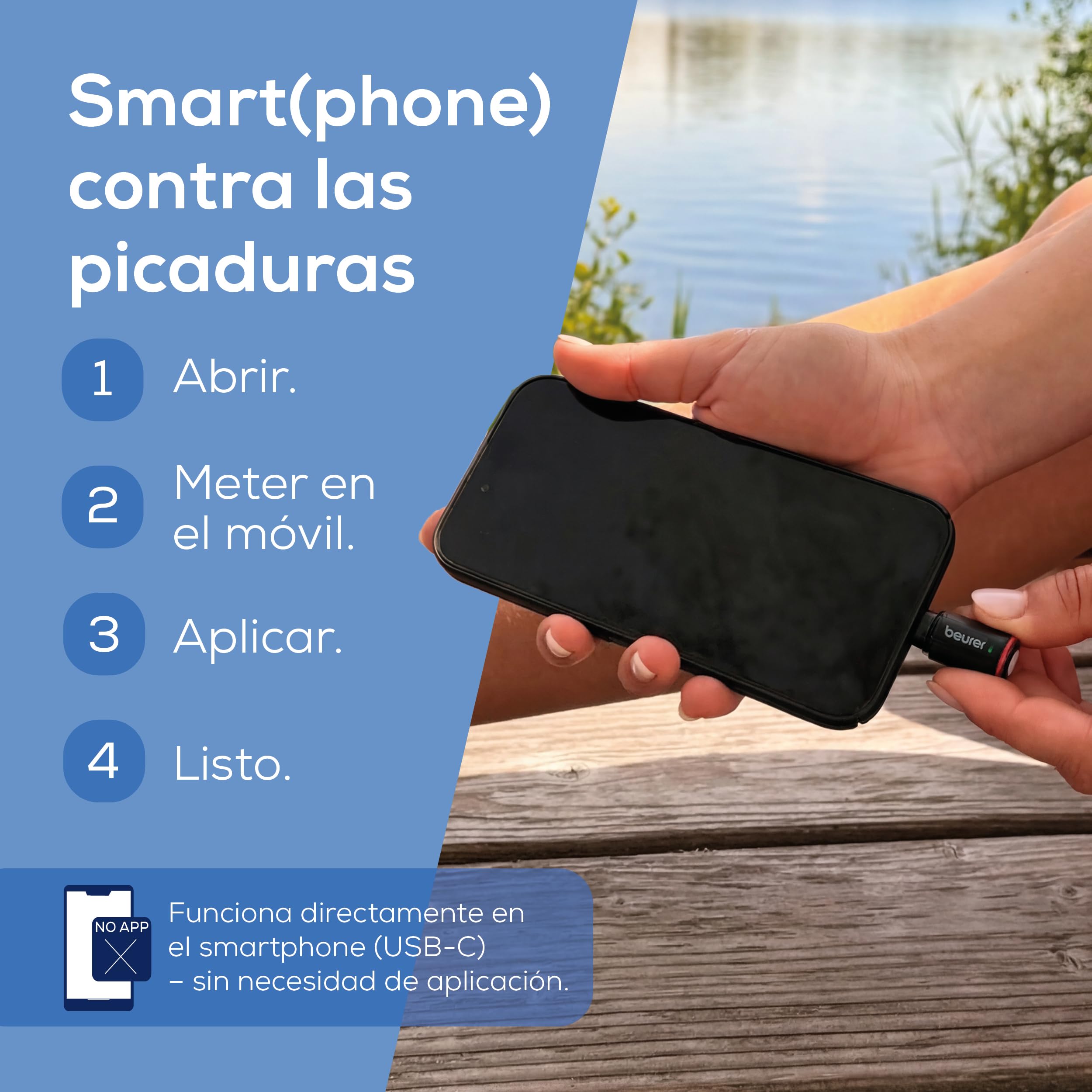Beurer BiteX Go Deep Black Aparato contra picaduras de insectos para smartphone, tratamiento de mordeduras y picaduras, alivia el picor, para móvil Android y iPhone (USB‑C), con luz