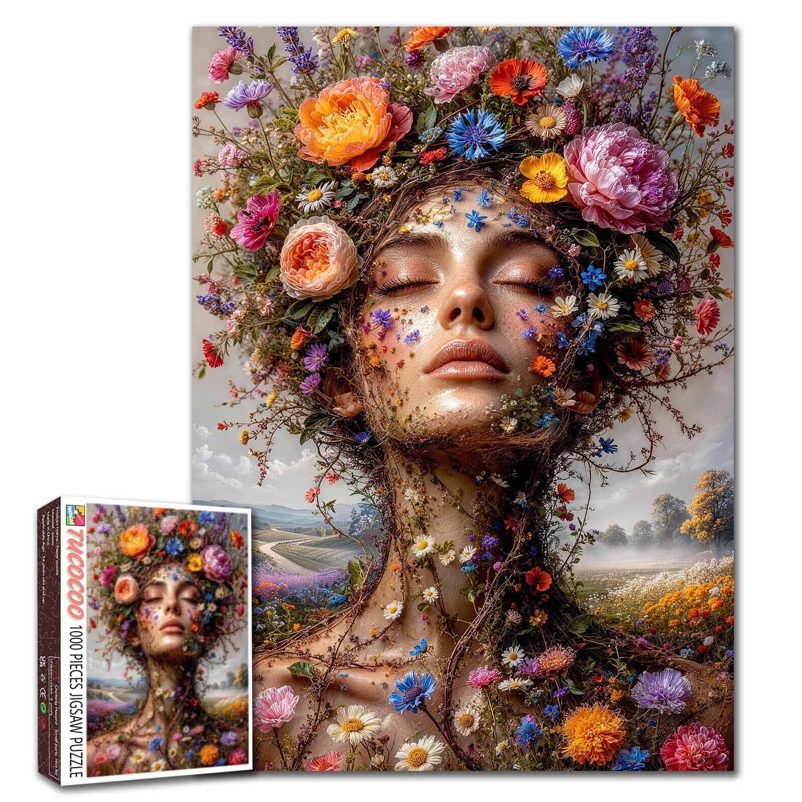 Floral Jigsaw Flower Goddess Puzzle Fantasy Woman Puzzle 1000 Pieces for Adults Botanical Wildflower Picture Perfect for Families Party Game Gifts — image 1
