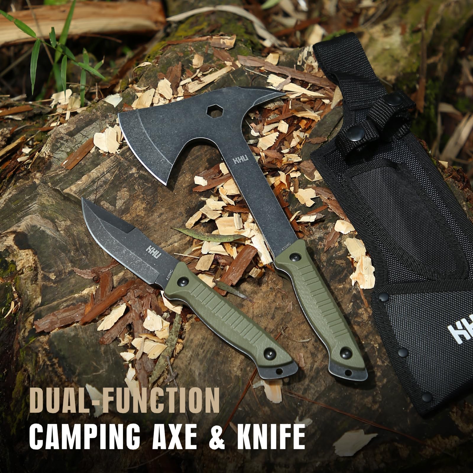 KHU 2 pcs 420HC Acero Hacha Supervivencia Cuchillo de Caza Cuchillo Hoja Fija Hacha de Camping - con Funda para Caza, Pesca, Bushcraft, Camping, Outdoor, Supervivencia y Bushcraft - 07A
