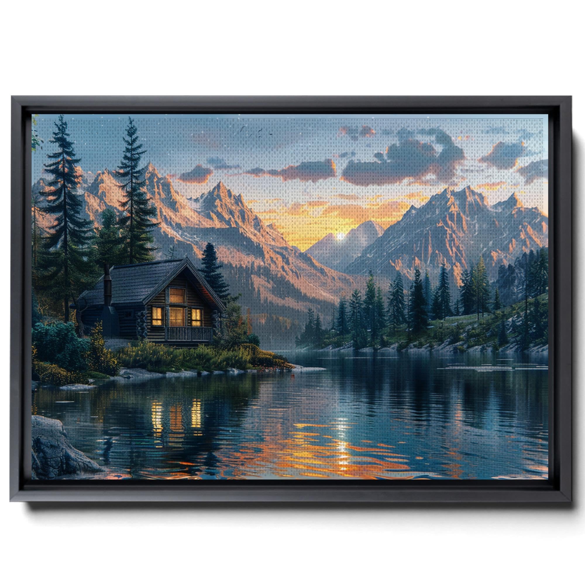 A log cabin stands by a lake, surrounded by deer, flowers, and trees in a  summer forest. on Craiyon, image size:2000x2000