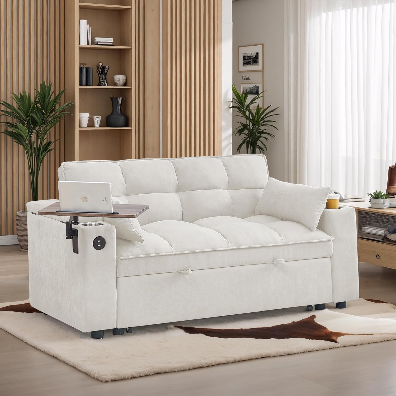 65 Inch Oversized Convertible Pull Out Couch Bed , 3 in 1 Futon Loveseat Sofa Recliner Lounge Chaise Daybed w/ Reclining Backrest ,Storage Armrest ,USB Port,Side Table and Cupholders for Living Room 81hxWHZw+eL. AC SL1500