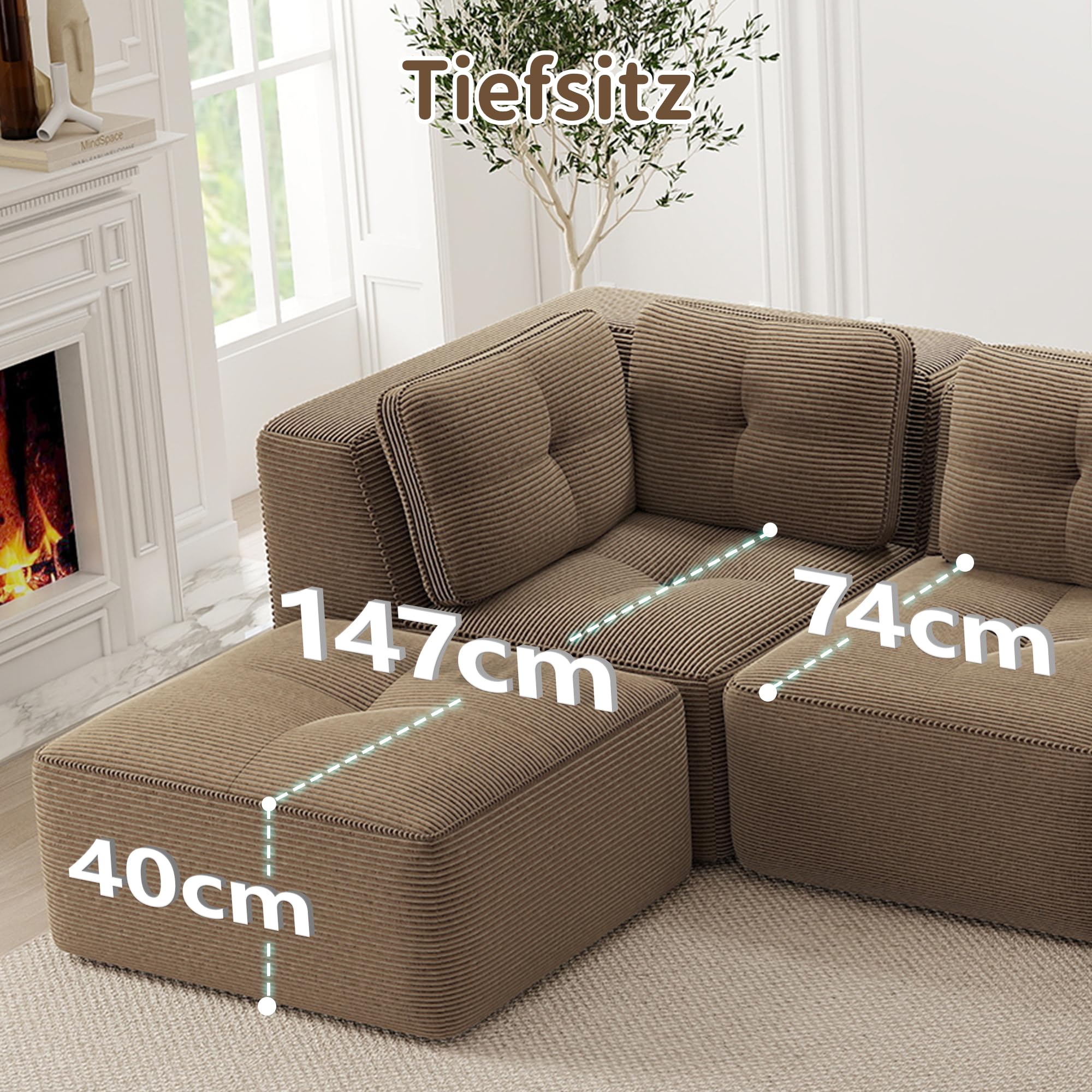 Modułowa sofa narożna w kształcie litery U, 3-osobowa, bez ramy, sofa z 2 otomanami, wykonana z wygodnego materiału sztruksowego, tapicerowana sofa do salonu i sypialni, brązowa