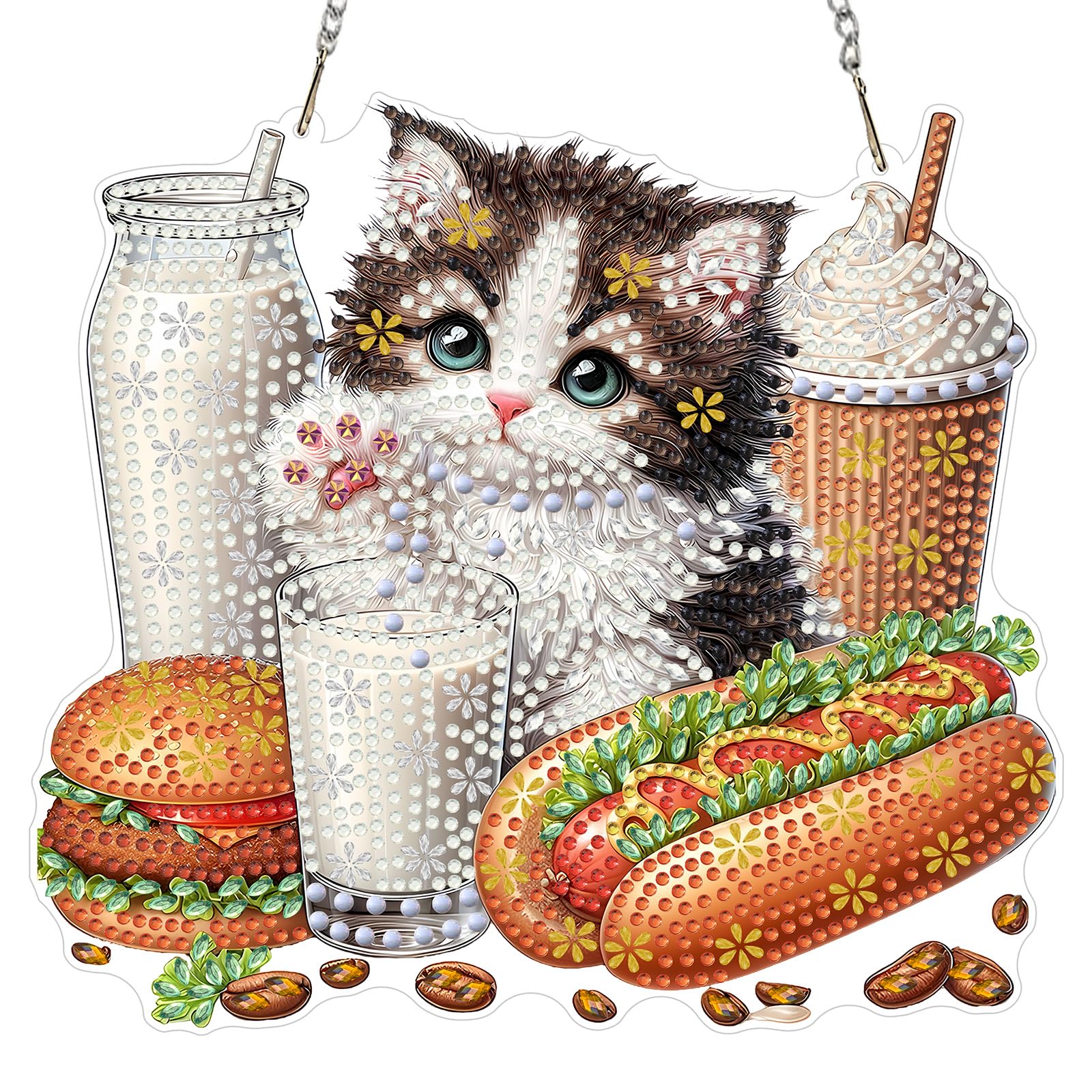 MXJSUA Breakfast Cat Diamond Art Window Suncatchers, Diamond Painting Art Kits for Adults Hanging Ornaments with Chain, 5D Special Shape Crystal Diamond Pendant Accessories for Decor Gift 20x20cm โ image 1