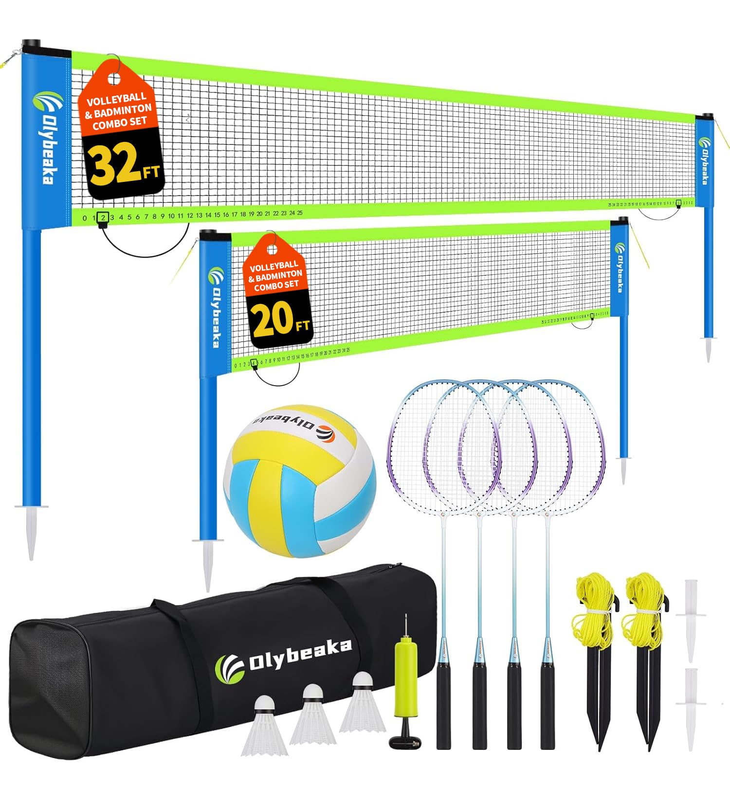 Tragbares Volleyball- und Badminton-Netz-Set für Hinterhof, Strand, mit 2 Netzen (6 m und 9,8 m), verstellbaren Stangen, PU-Volleyball, Aluminiumschläger und Tragetasche, schneller Aufbau und