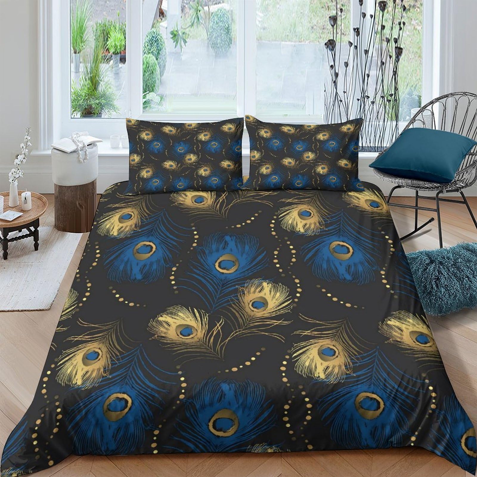 Ctjqhvkz Style-9 3D Printed Peacock Feather Fitted Sheet Microfiber Soft Dark Blue Gold Mattress Cover For Bedroom Dorm Decor Single（135X200cm）