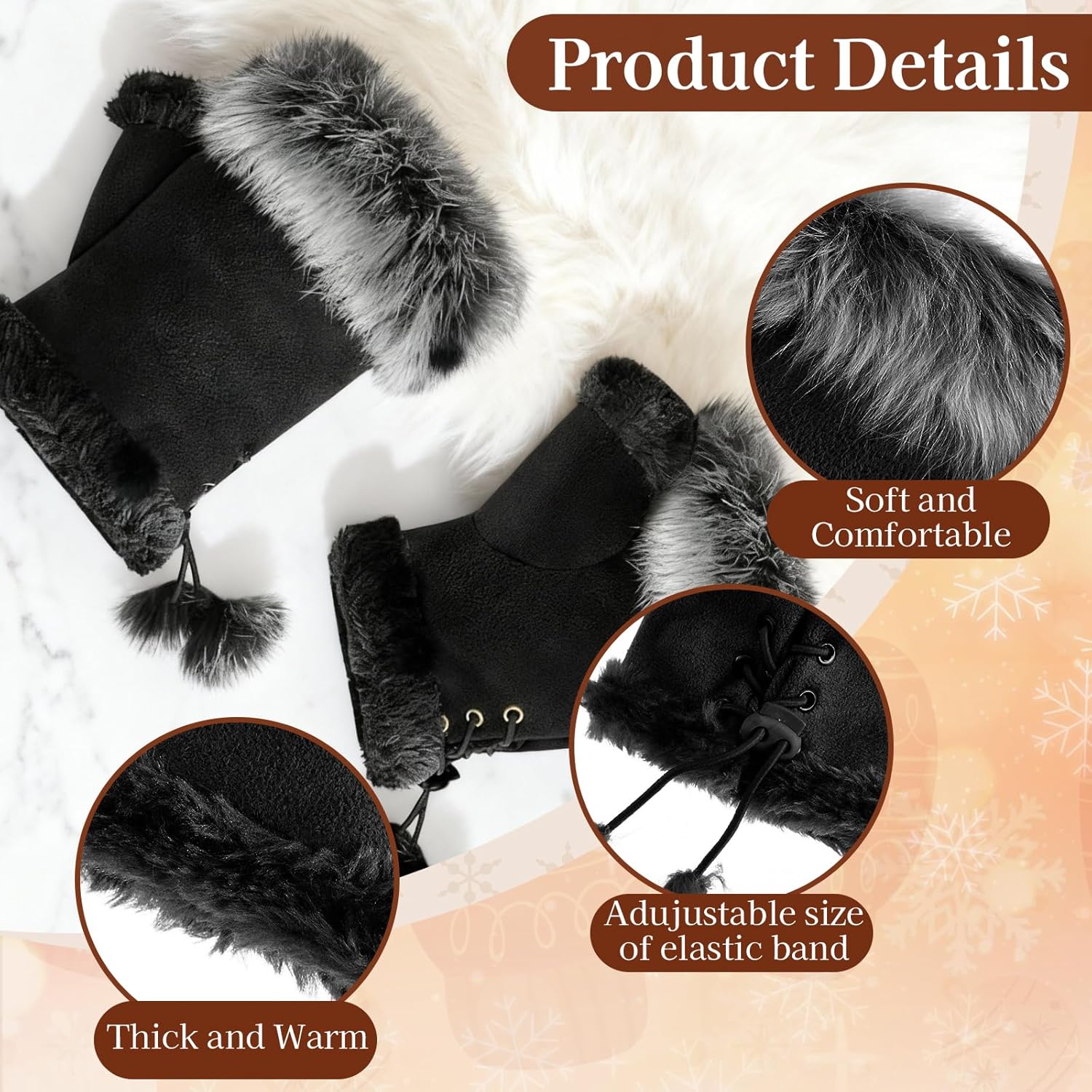 SATINIOR Women Fur Fingerless Gloves Winter Rabbit Fur Lined Half Finger Mittens for Women Girls Teen Working Writing - Image 3