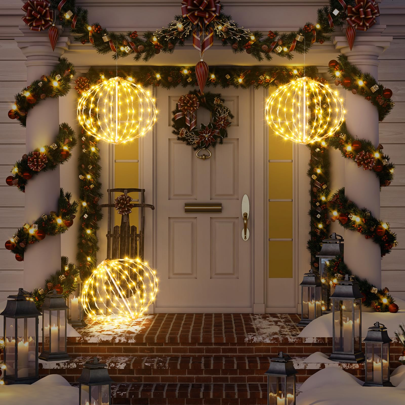 AGOTD Iluminación navideña para exteriores con corriente, 4 unidades de 30 cm de bolas colgantes con temporizador, 8 modos, blanco cálido, decoración navideña al aire libre, bolas luminosas para
