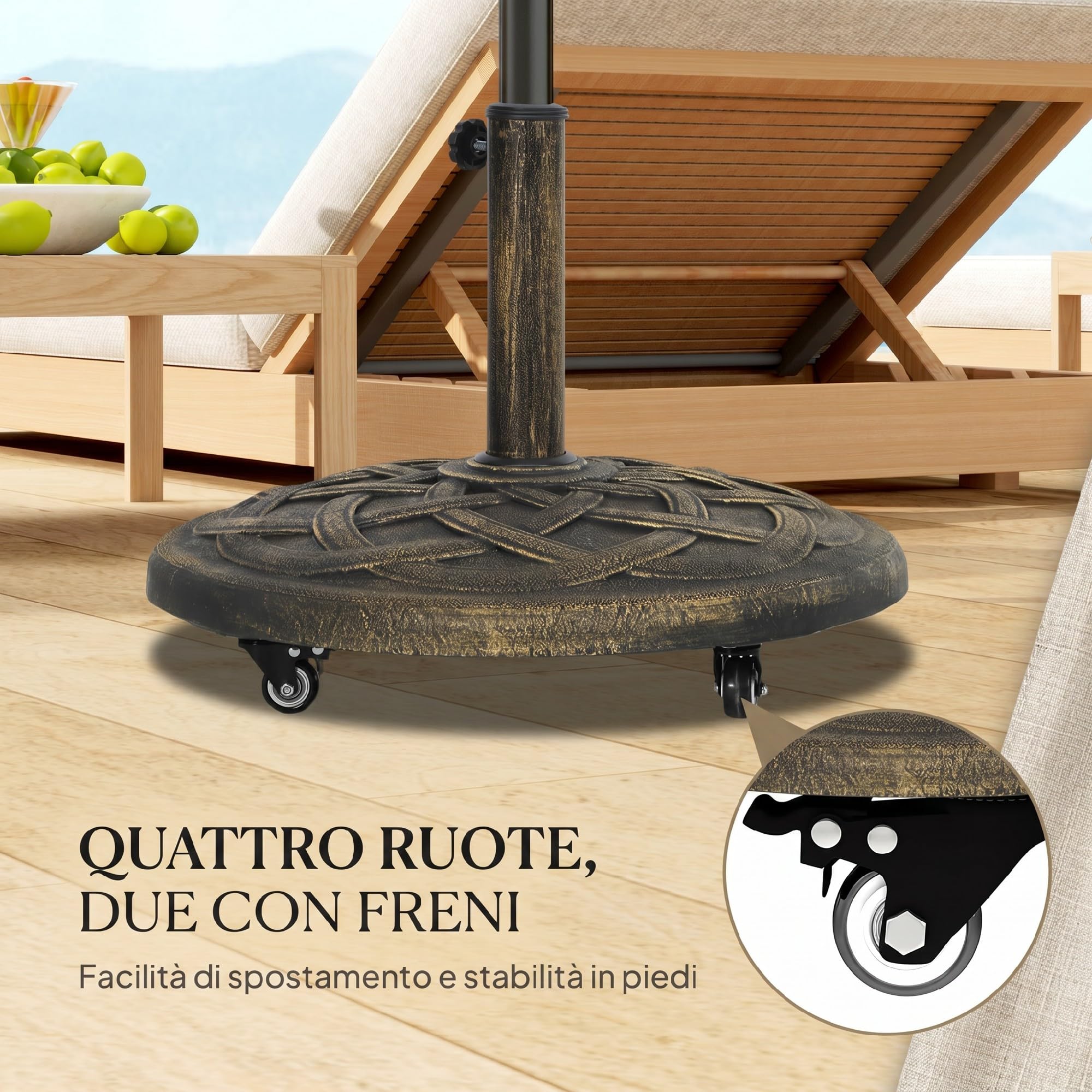 Outsunny Base per Ombrellone Rotonda con Ruote 20 kg 32mm/38mm/48mm Bronzo | Base Ponderata in Resina, Supporto per Ombrelloni, per Esterni, Giardino, Piscina