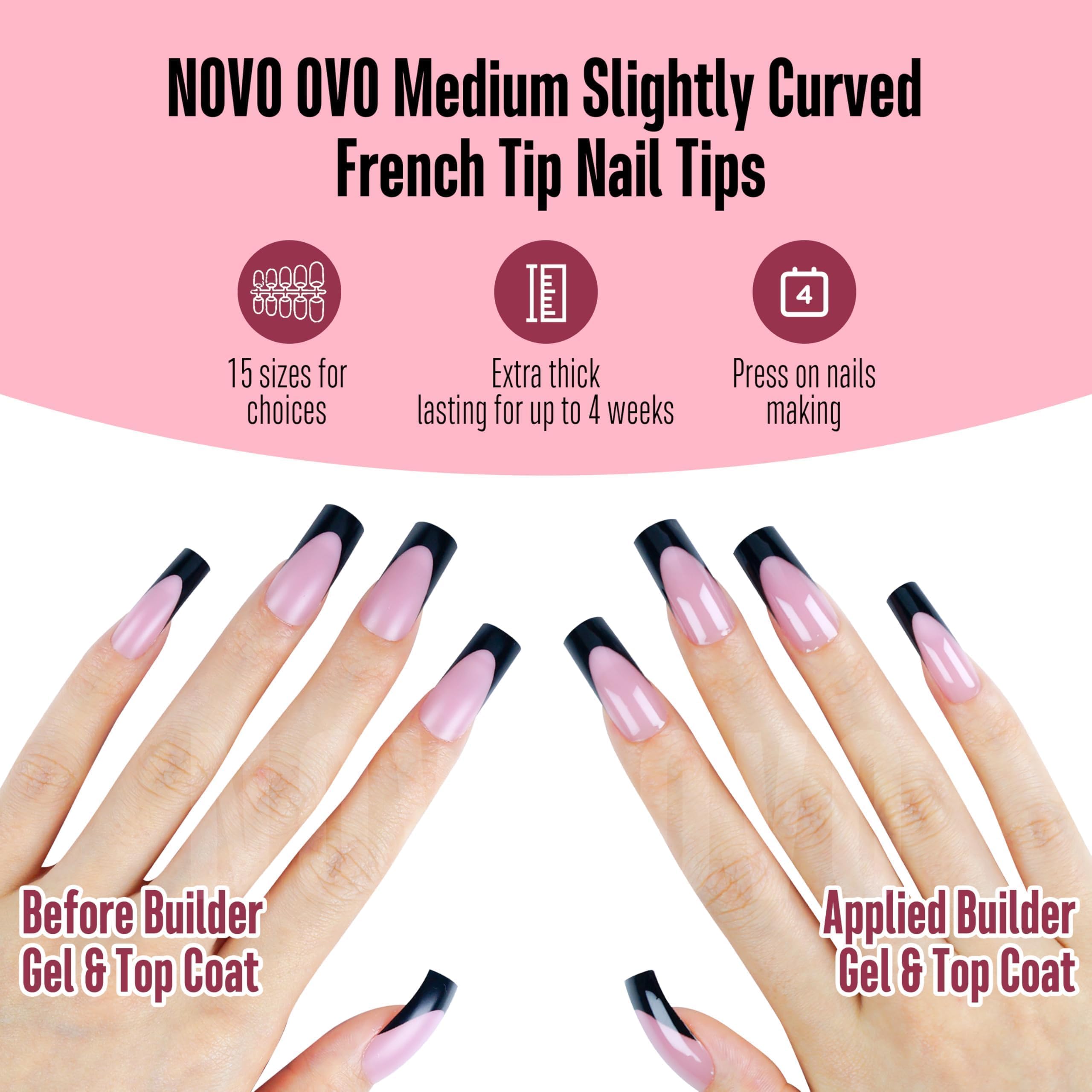 NOVO OVO Halloween Black French Tip Nail Tips BERRY PINK Medium Slightly Curved Full Cover for Press on Acrylic Extra Thick Soft Gel False Nail - Image 2