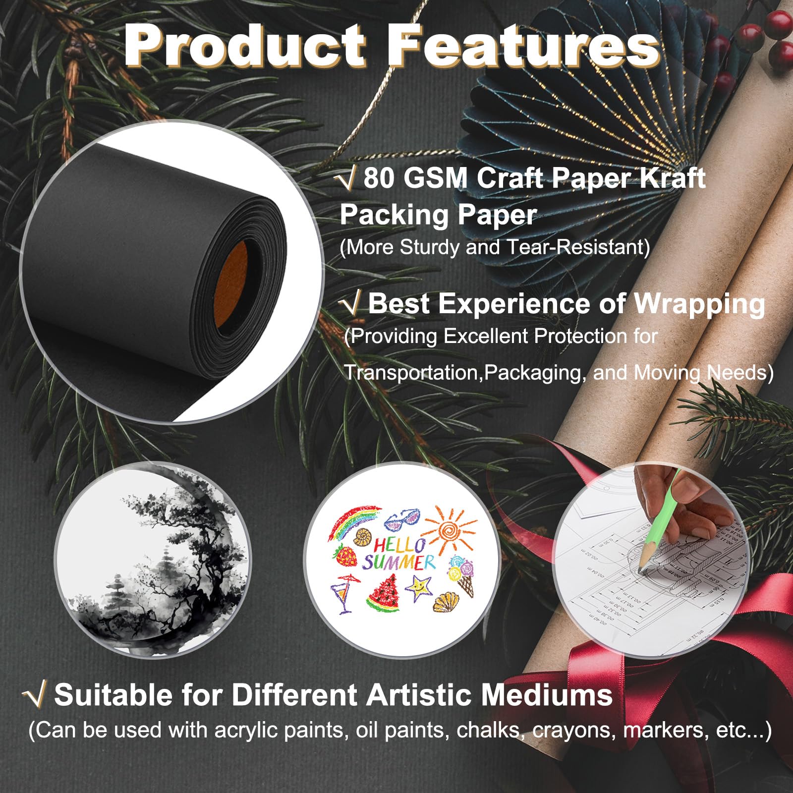 PATIKIL Papel de Regalo 2 Rollos 15"x800" (66') 80 GSM Rollo de Papel Kraft para Envolver Pósteres Tablones de Anuncios Envoltura de Regalos Envoltura de Ramo de Flores Negro