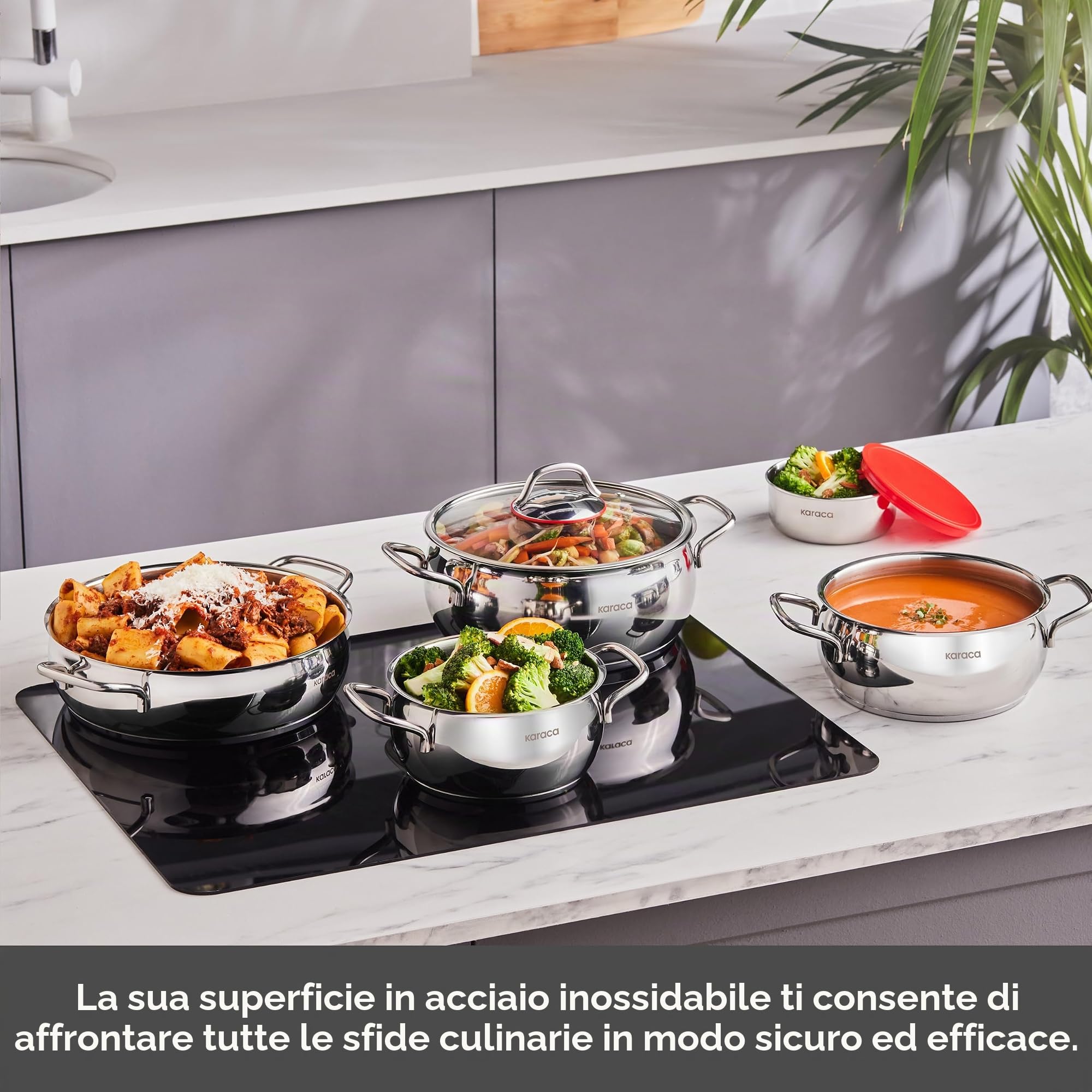 Set di pentole a induzione Karaca Emirgan XL da 10 pezzi in acciaio con coperchio di conservazione