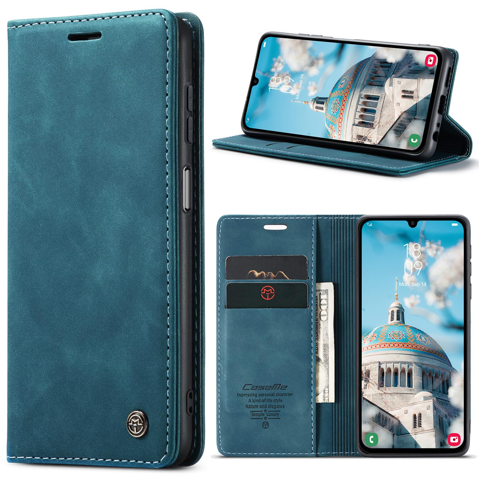 Azororo Cover per Samsung Galaxy A15 5G/4G, Premium PU Pelle Custodia, Magnetica Carta Fessura Portafoglio Case, Flip Cavalletto Custodia per Samsung Galaxy A15- Blu verde