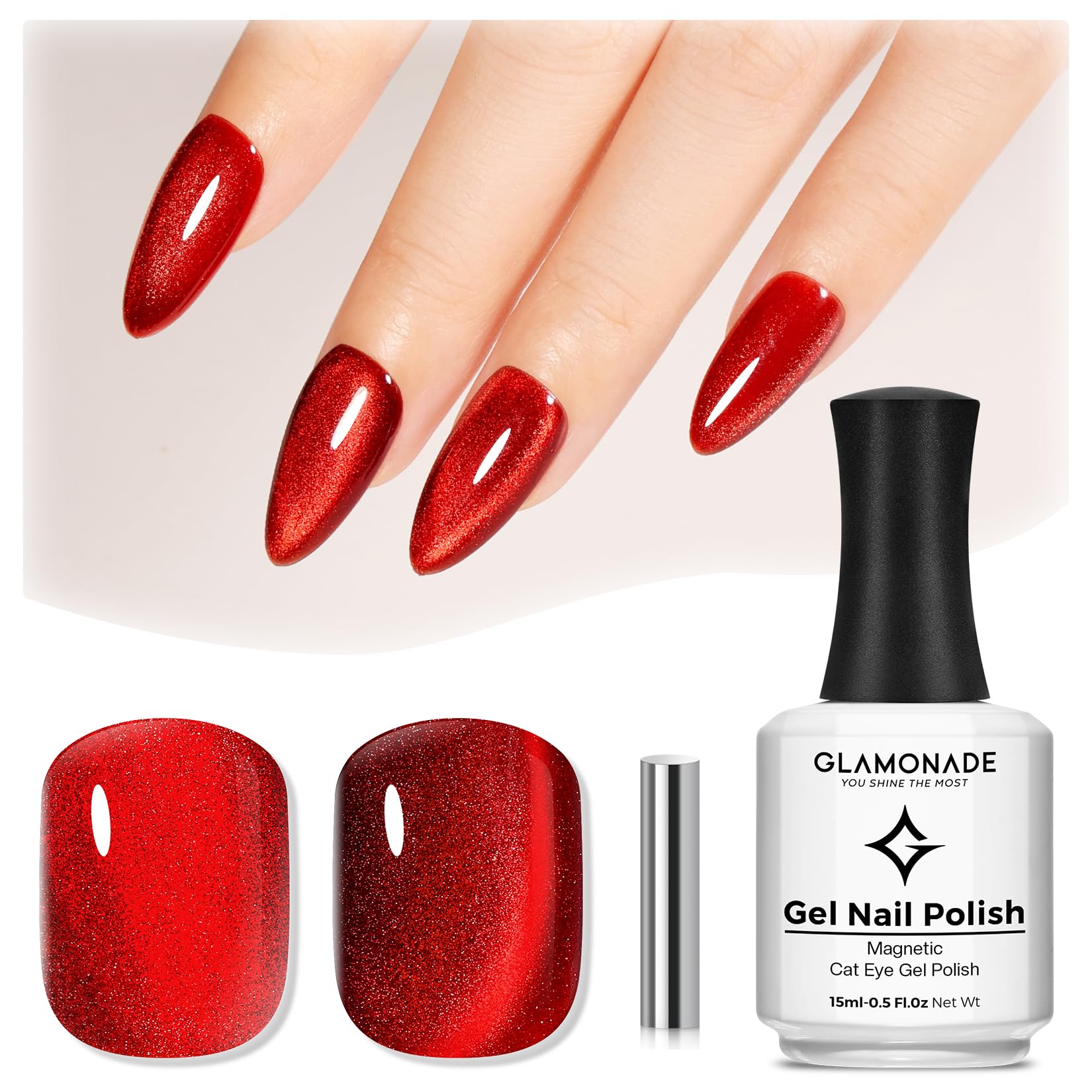 Glamonade Red Cat Eye Gel Nail Polish: 15ml lce Glass Holographic Sparkly Shimmer Translucent Sheer Jelly Glitter Reflective Cat Eye Effect With