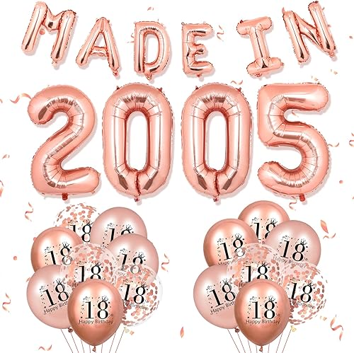 Juego de 15 decoraciones de cumpleaños de 18 años, color oro rosa, globos de látex de feliz cumpleaños número 18 y globos de aluminio grandes,