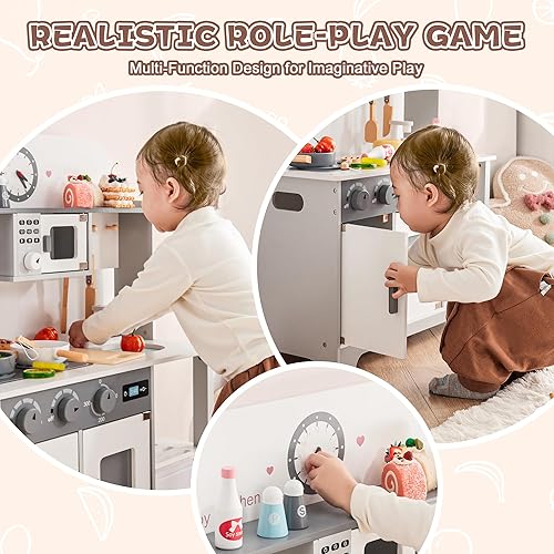 Miniatura 2 de Juego de cocina de madera para niños, juego de cocina para niños pequeños, cocina de simulación de chef con muchas características de juego, cocina