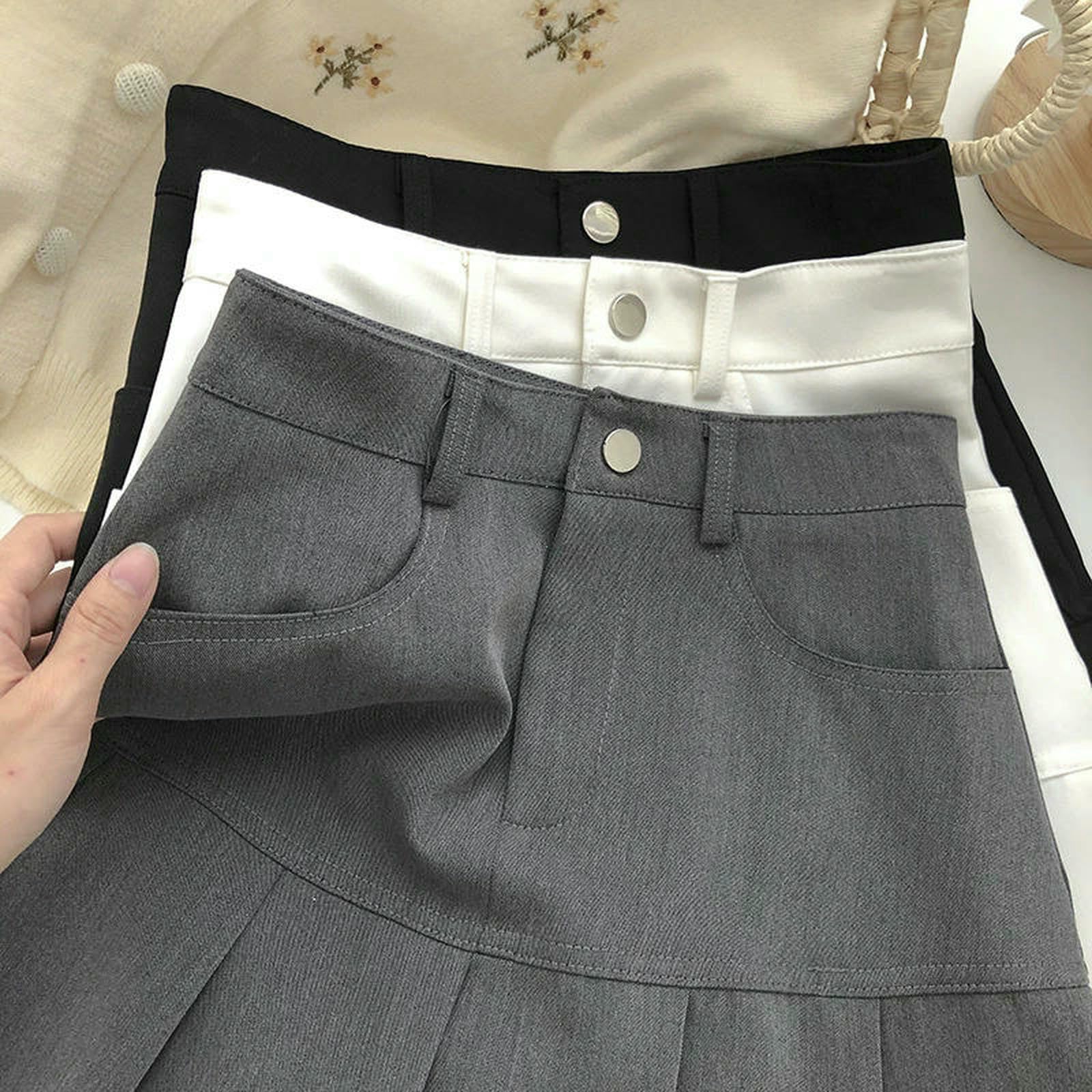 Rock Vintage High Waist Faltenrock Damen College Style Uniformen Sicherheitshose Mini Street Slim A-Linie Rock-schwarz-s