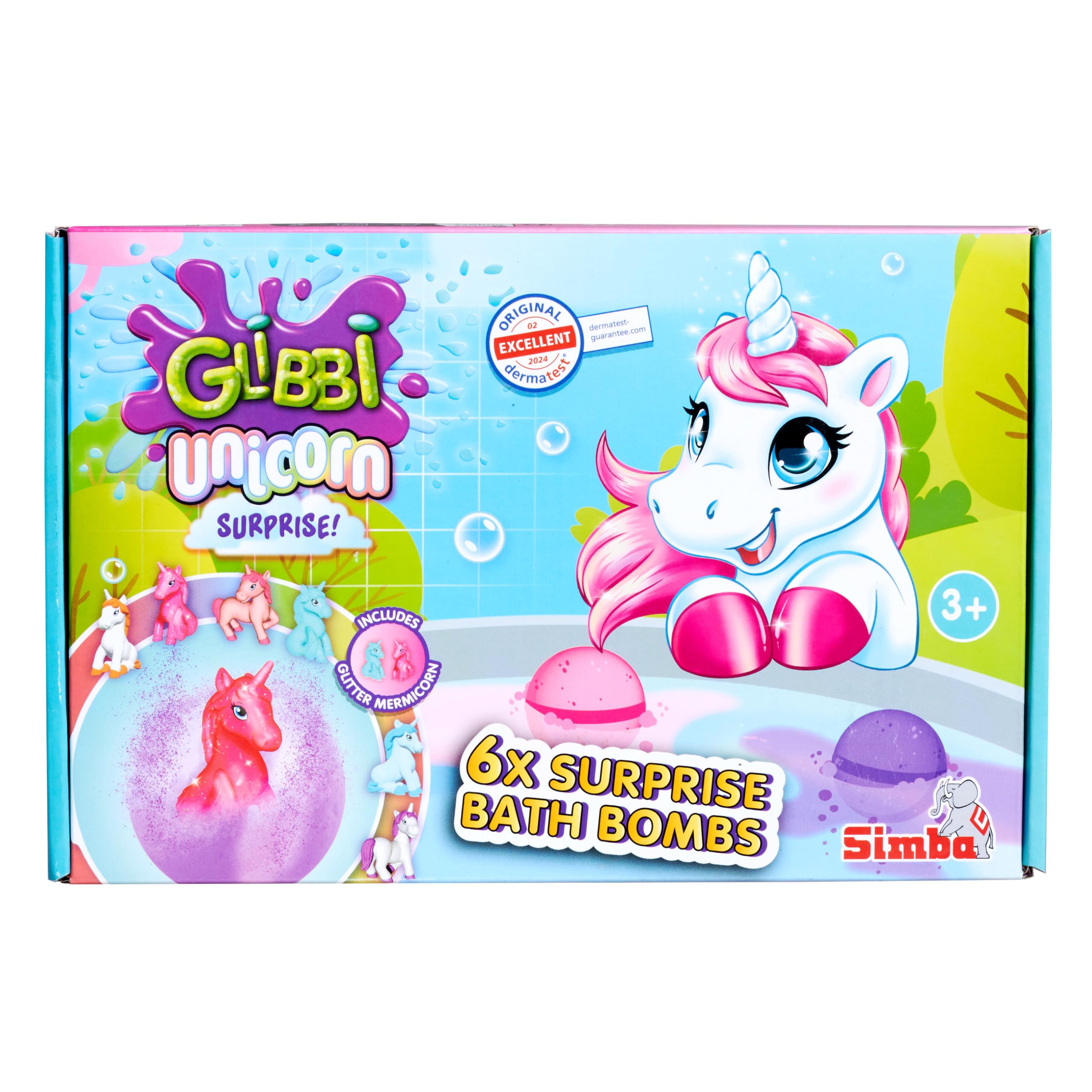 Simba Baff Bombz Unicorn Surprise – 6er Set Glibbi Badebombe mit Überraschung, zufällige Auswahl aus 3 Farben & 1 von 6 Einhorn-Figuren, 100 g, für Kinder ab 3 Jahren