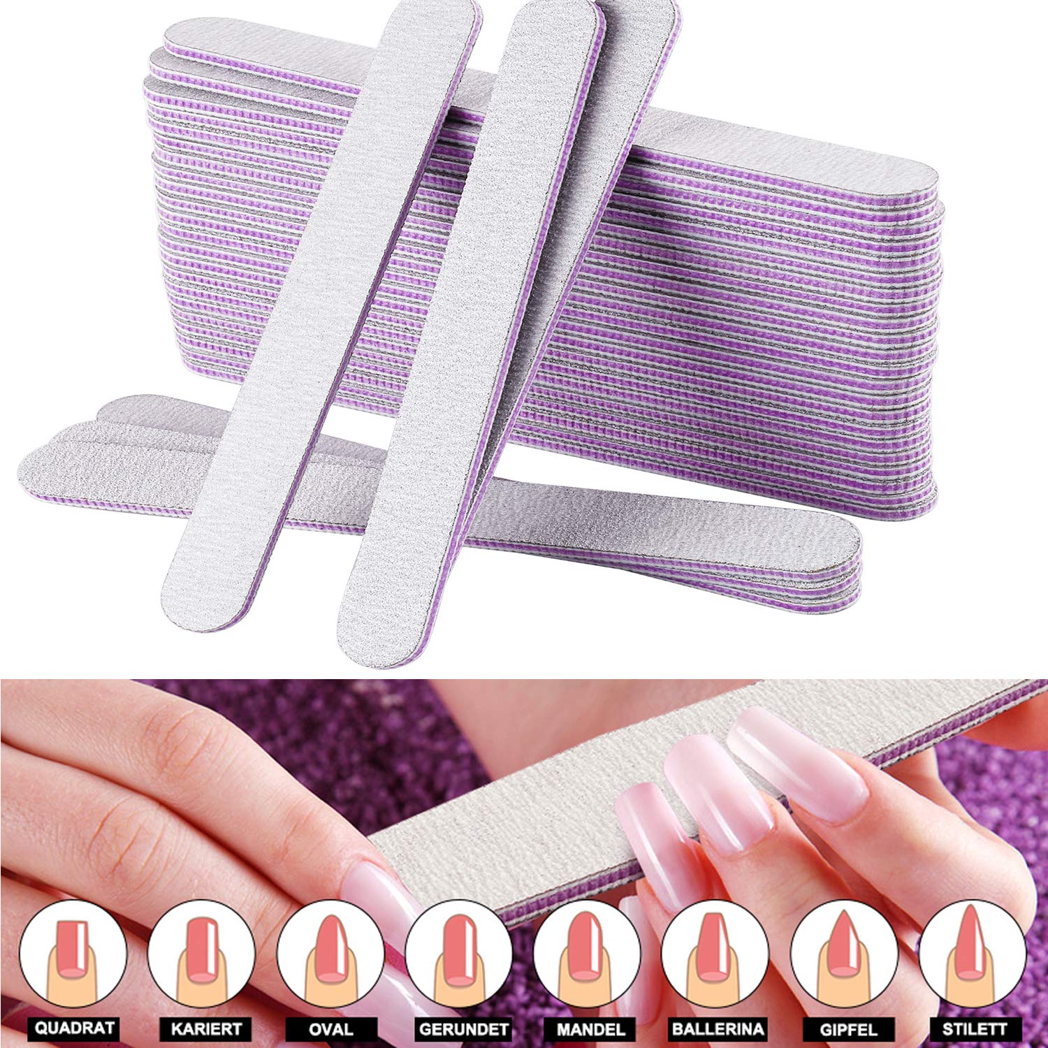 AYITOO 50 Limes à Ongles Professionnelles, Double Face 100/180 Grain, Gel Grain Pour la Manucure, Pour la Maison ou pour Salons de Manucure Professionnels Nail Art, Forme Straight Core Gris Violet