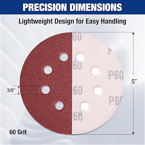 Miniatura 3 de WORKPRO 50 discos de lija de grano 60 – Papel de lija de 5 pulgadas con 8 agujeros de gancho y bucle para lijadora orbital aleatoria