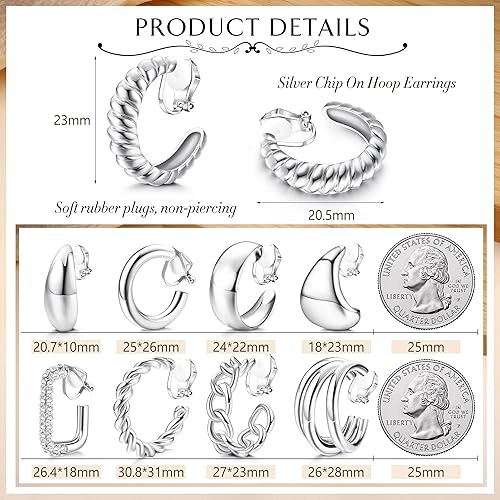 Miniatura 9 de YADOCA 9 pares de aretes de clip de oro para mujer, chapados en oro de 14 quilates, aretes de aro gruesos con forma de gota de agua, sin