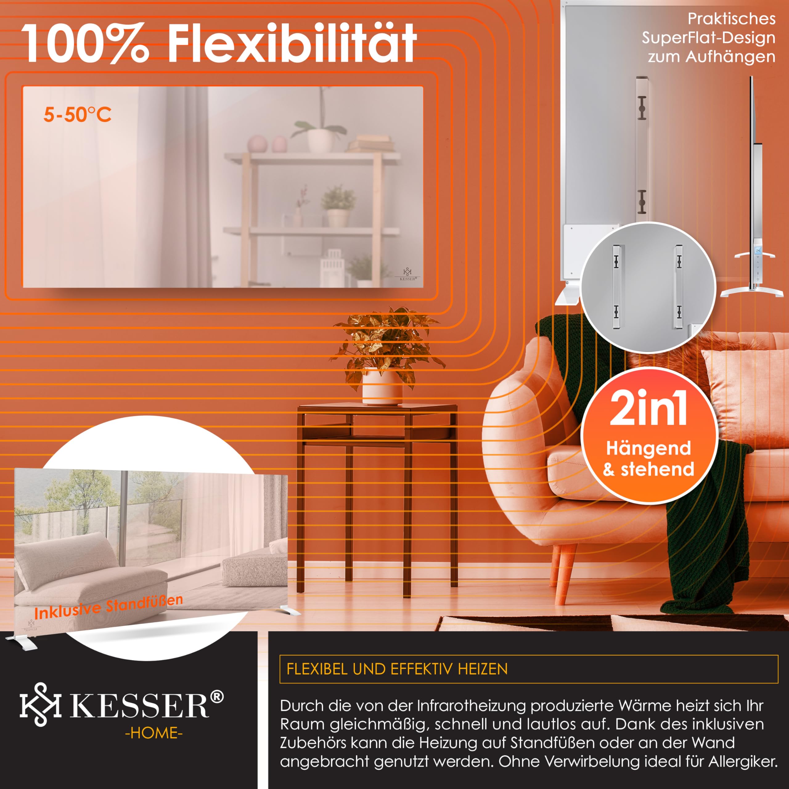 KESSER® Riscaldamento a infrarossi, 600 W, a risparmio energetico, 2 in 1 e montaggio a parete, rilevazione finestra aperta, telecomando