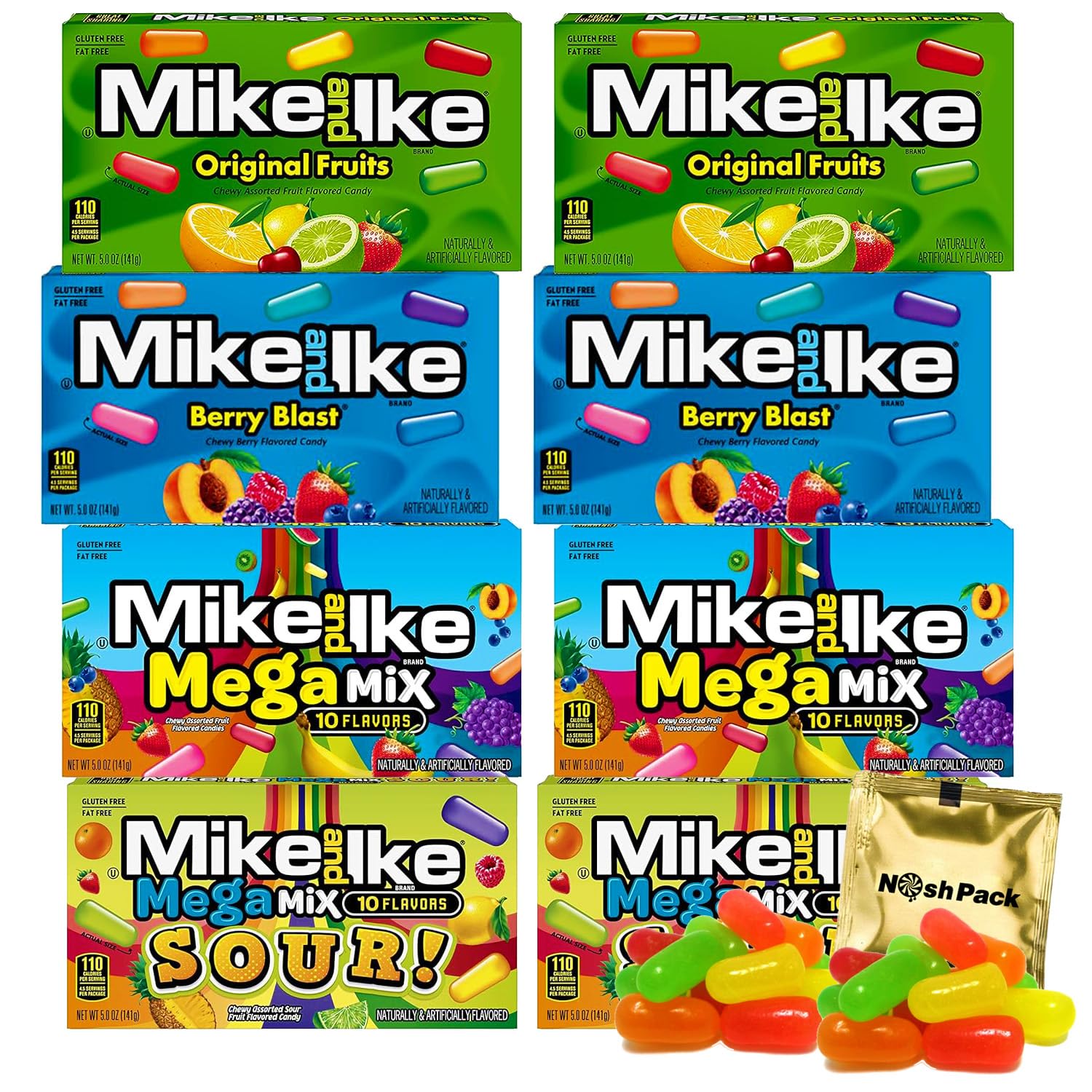 NOSH PACK Mike and Ike Candy Bulk Mix, Assorted Flavor 5 Ounce Movie Theater Boxes, Original, Berry Blast, Mega Mix Sour, and Mega Mix, Jelly Beans Bulk Variety with Mints (8 Pack)