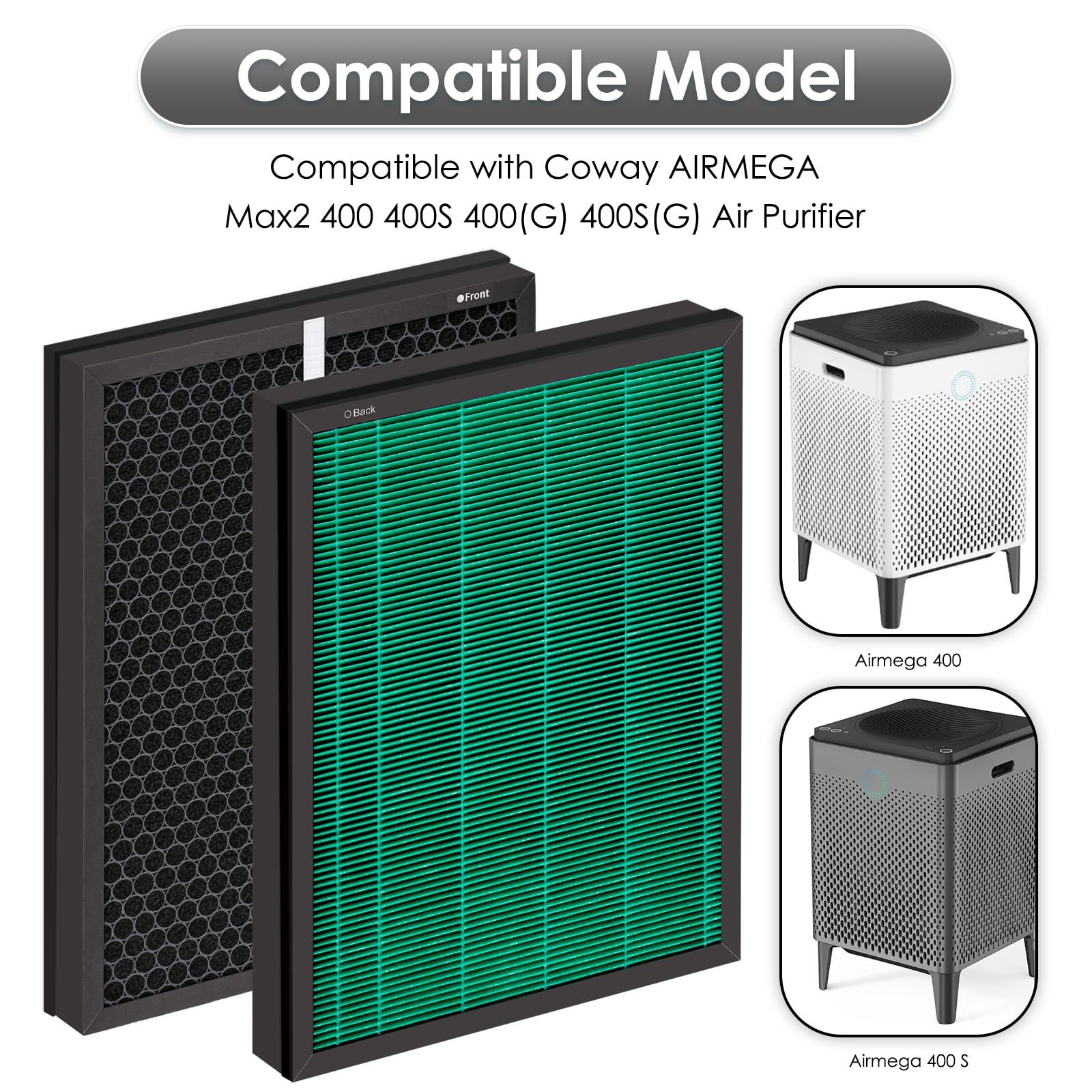 (4 pezzi) Airmega 400 filtri di ricambio per purificatore d'aria Coway Airmega 400, Max2 400 400S 400 (G) 400S (G), Max2 Green True HEPA e filtri ai carboni attivi, AP-2015-FP, 2 set, parte # 3111735
