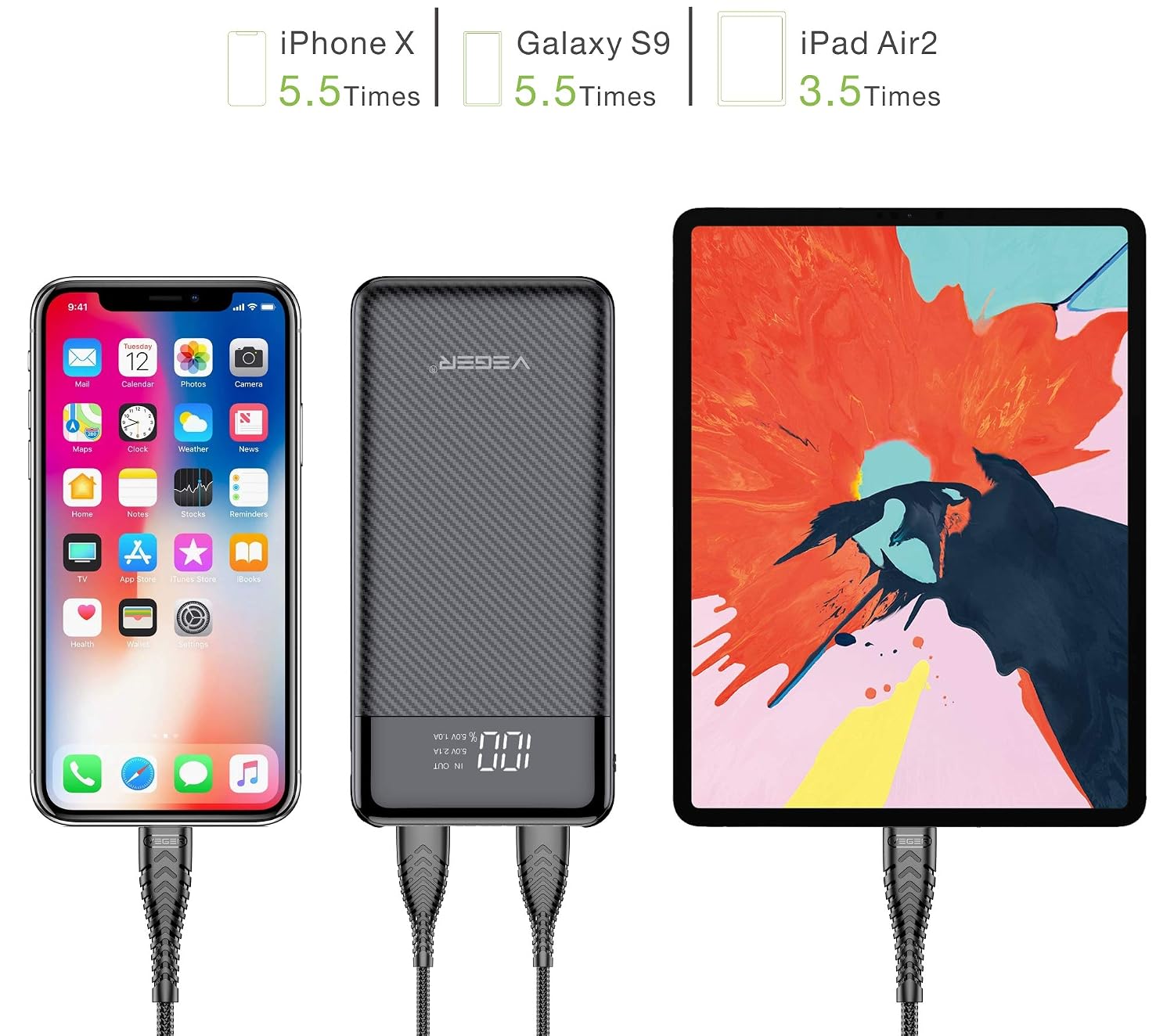 VEGER W2019 Power Bank charging multiple devices