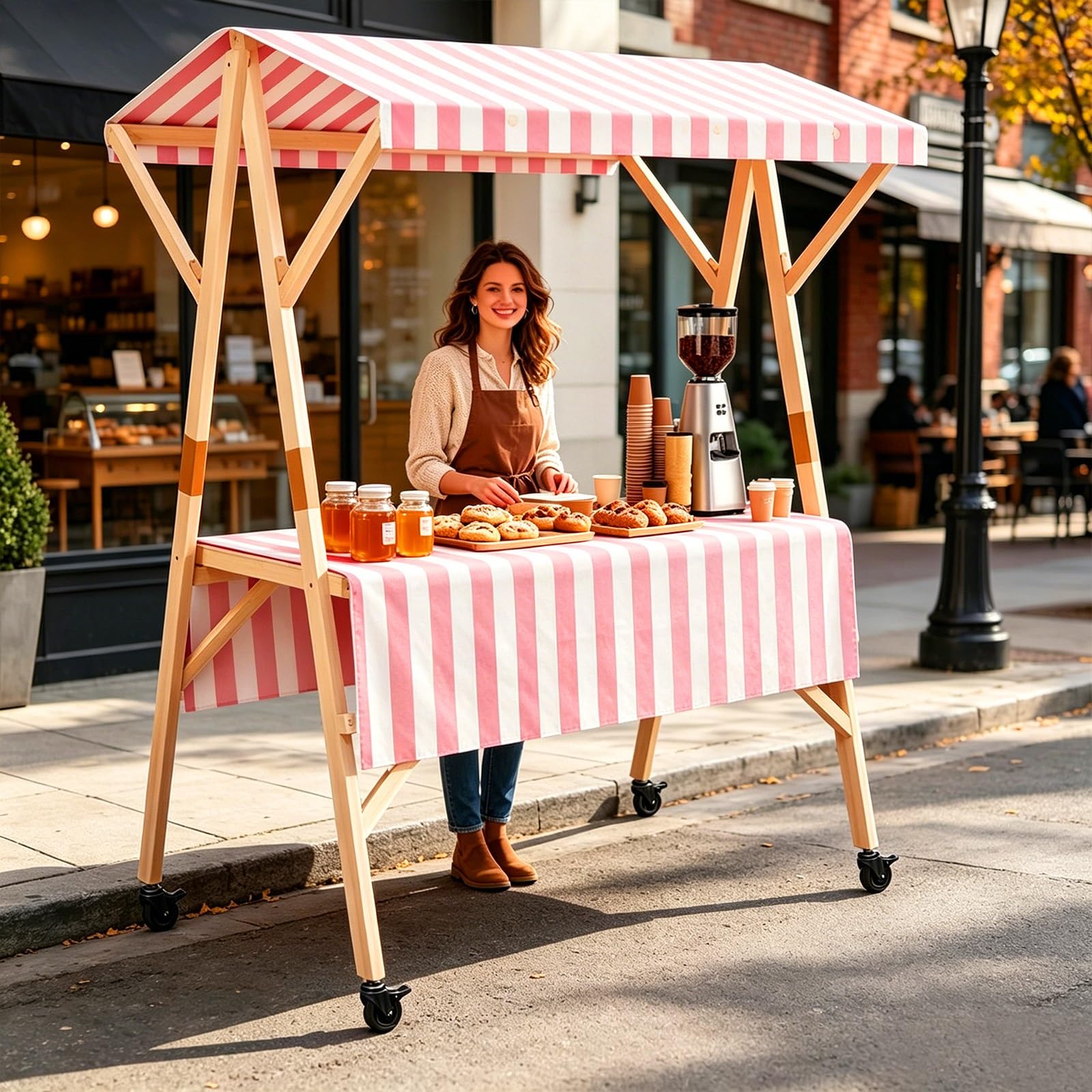 HARELA Imbisswagen Aus Holz, Marktstand Imbisswagen mit Markise Und Feststellrädern, Marktstand-Ausstellungsständer für Outdoor, für Straßen-/Bauernmärkte/Handwerksausstellungen(Pink A,150cm/59in)