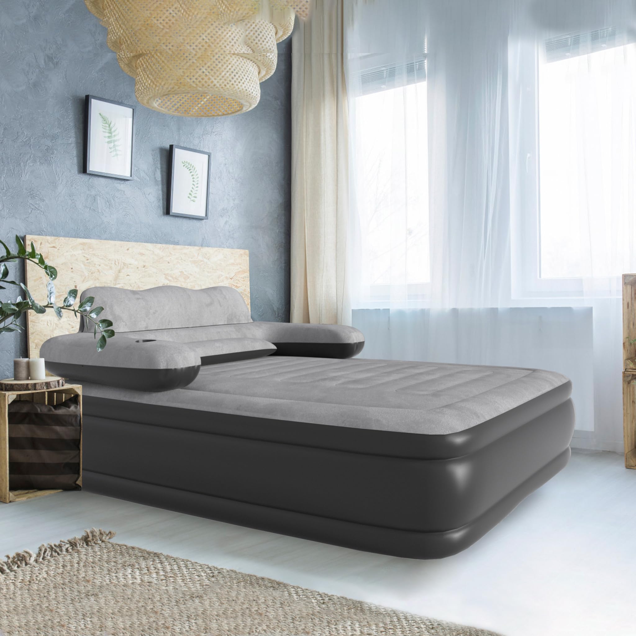 NAIZY Materasso ad aria 195×146×42 cm, letto ad aria per 2 persone, materasso gonfiabile con schienale, letto da campeggio incluso pompa ad aria, letto per gli ospiti, letto da viaggio, max fino a 250