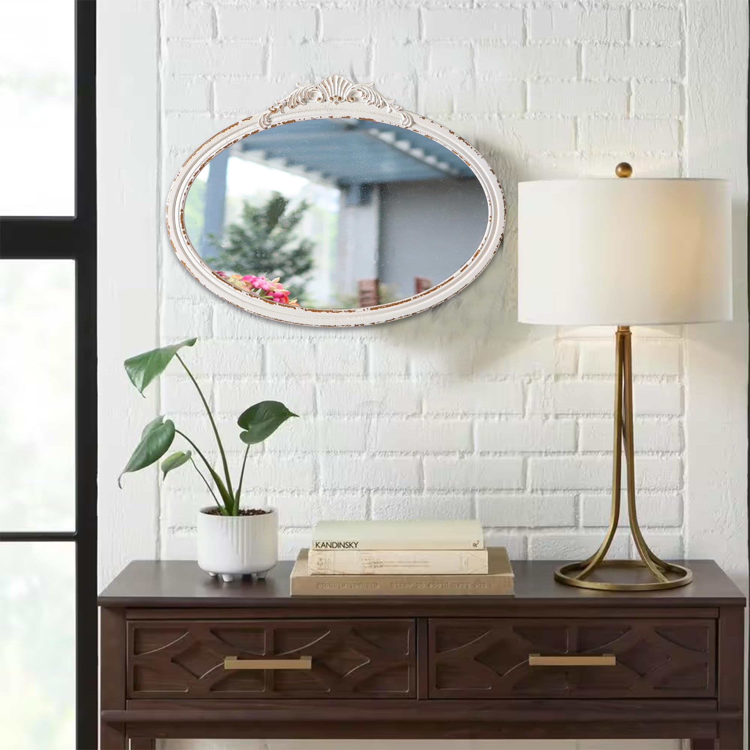 Espejos de baño ovalados vintage para fregadero de 24 x 18 pulgadas, espejos antiguos Arendahl para colgar en la pared, espejos barrocos de madera blanca envejecida horizontal para sala de