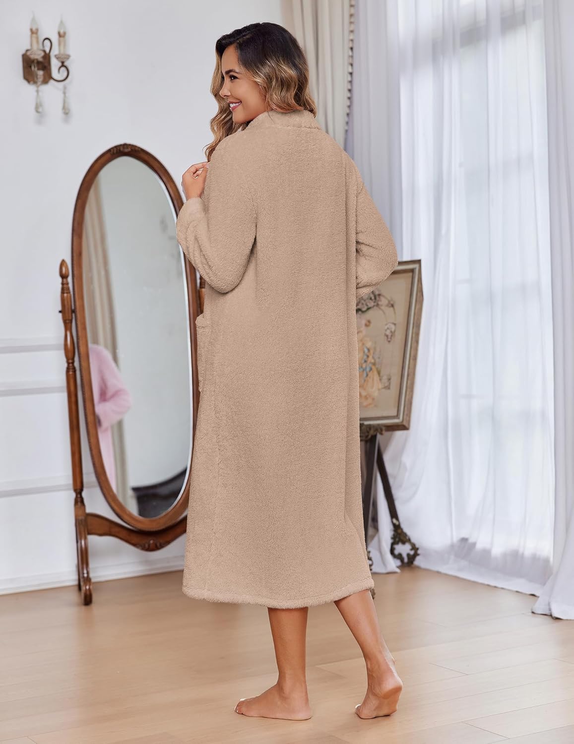 Ekouaer Women Zipper Robe Fleece Long Sleeves Bathrobe Sleepwear Warm Soft Housecoat with Pockets Zip Up House Dresses - Image 5